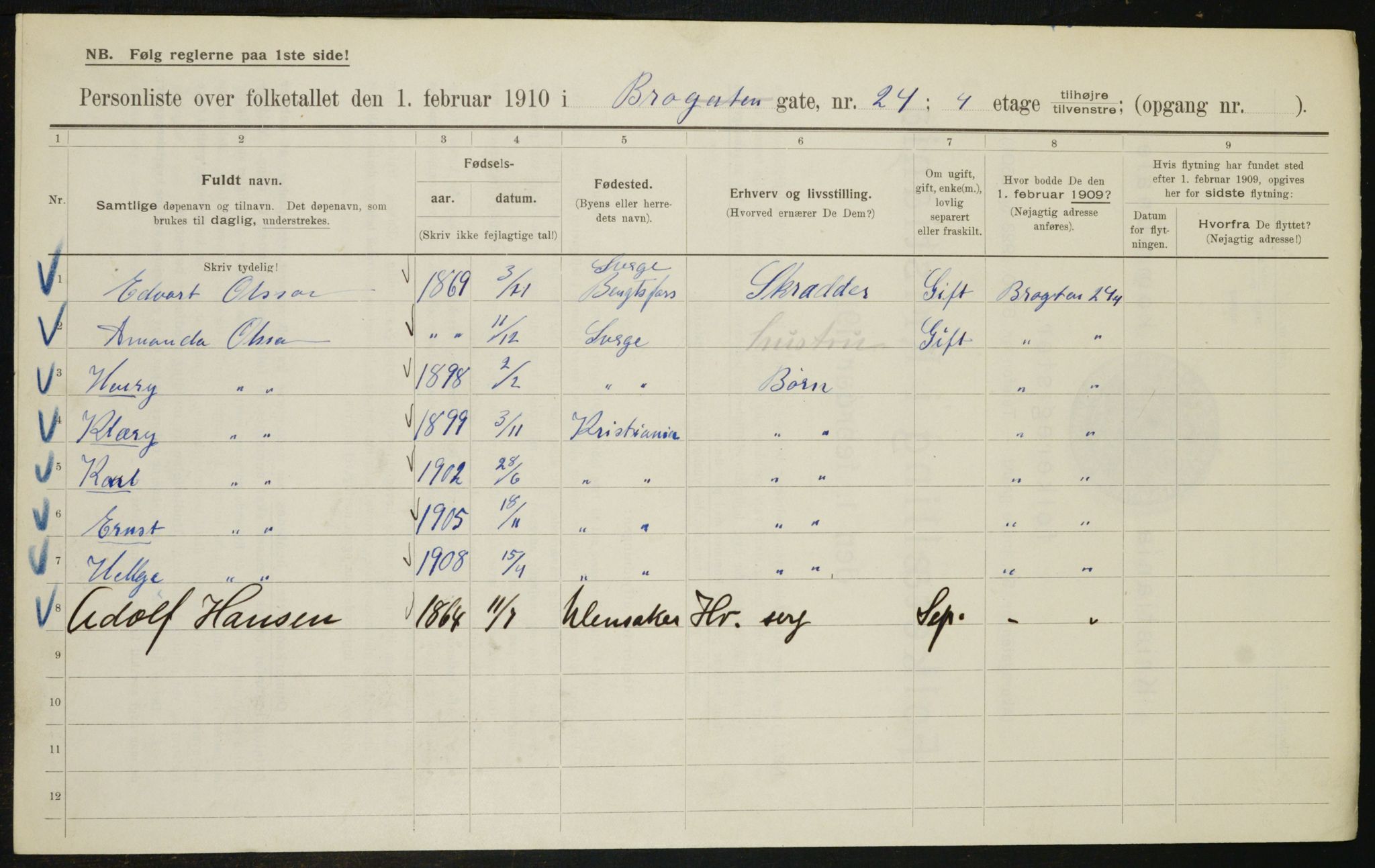 OBA, Municipal Census 1910 for Kristiania, 1910, p. 9604