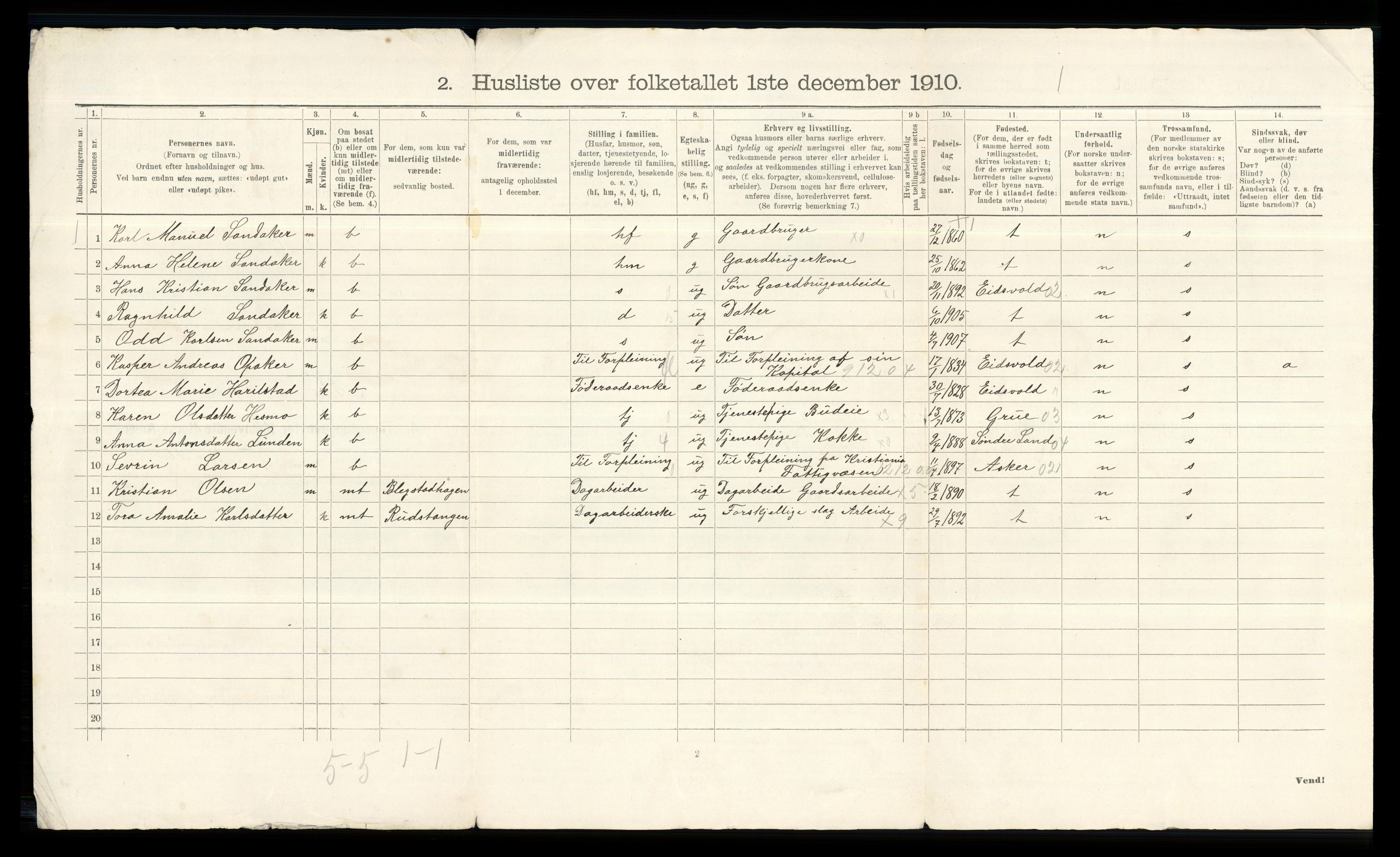 RA, 1910 census for Nes, 1910, p. 539