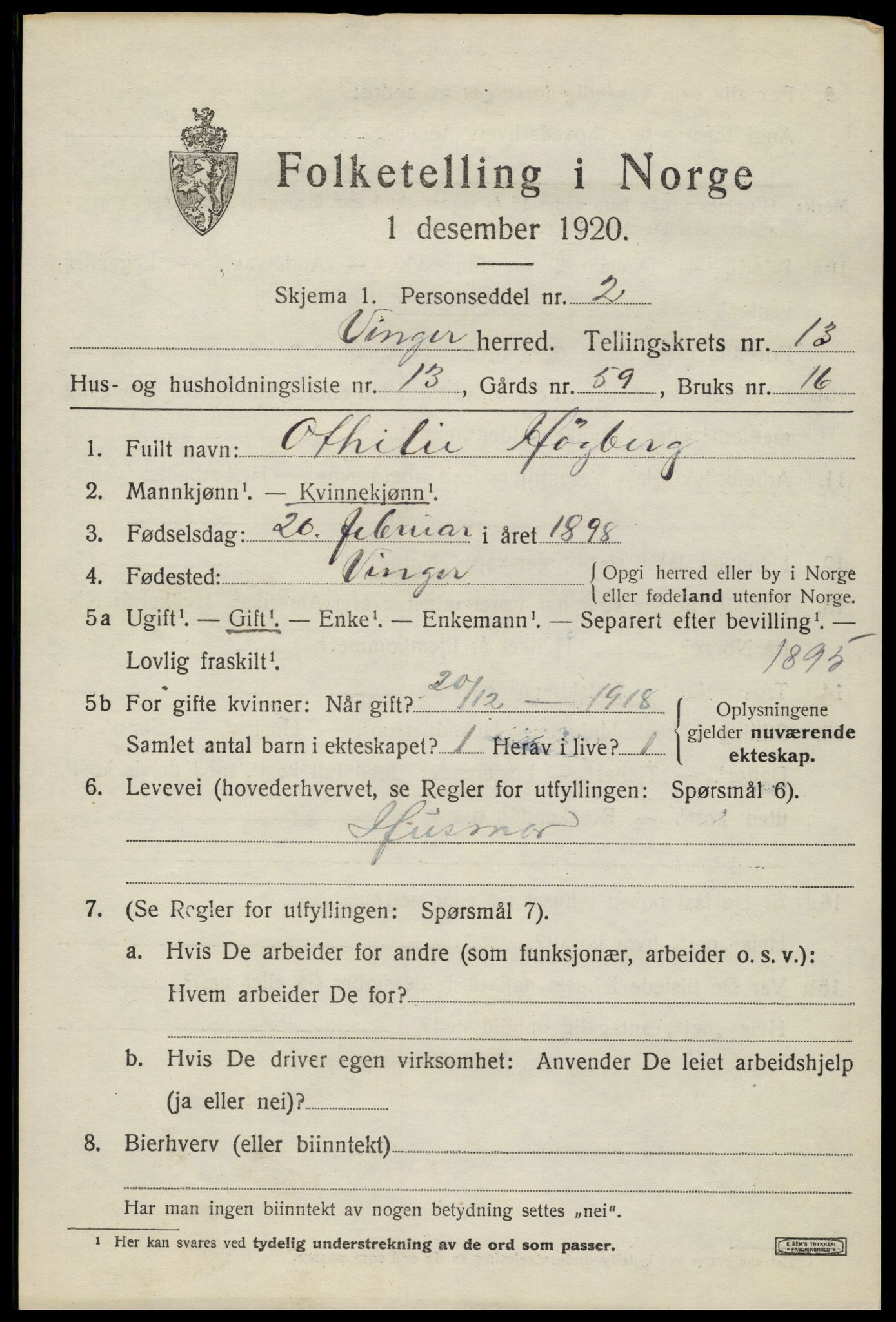 SAH, 1920 census for Vinger, 1920, p. 11222