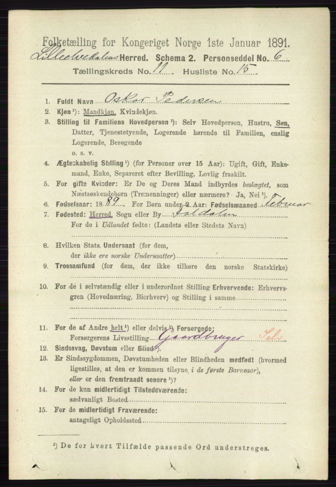 RA, 1891 census for 0438 Lille Elvedalen, 1891, p. 3897