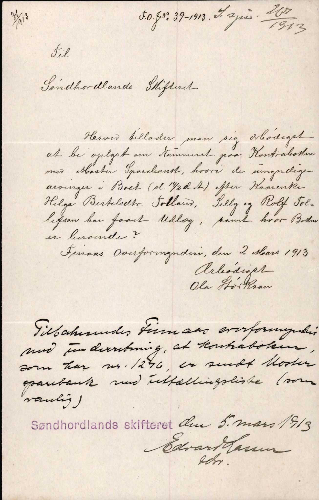 Finnaas kommune. Overformynderiet, IKAH/1218a-812/D/Da/Daa/L0002/0004: Kronologisk ordna korrespondanse / Kronologisk ordna korrespondanse, 1910-1913, p. 180