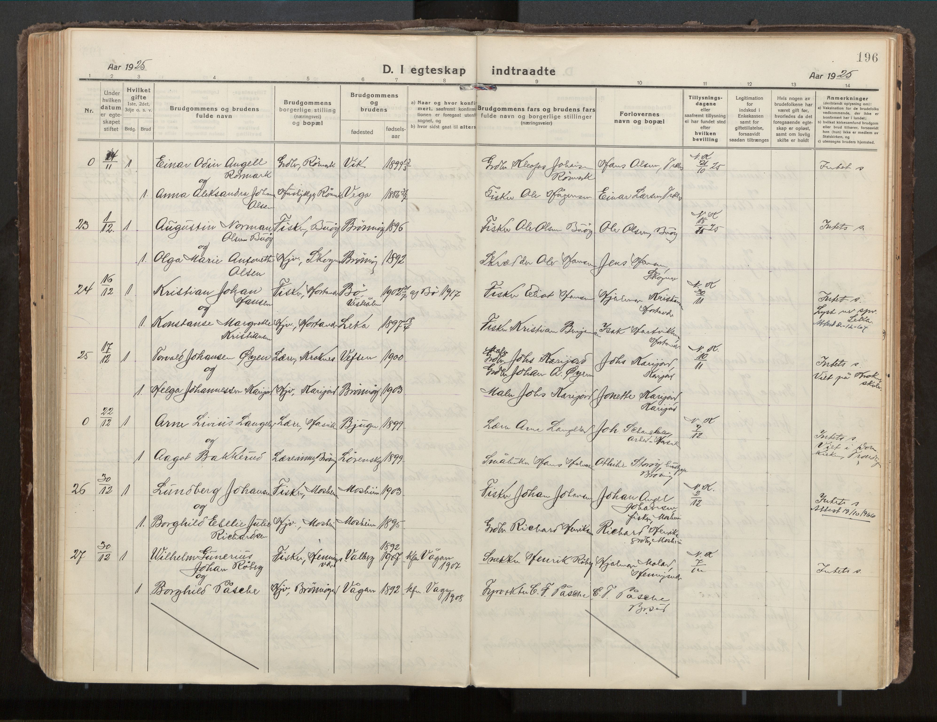 Ministerialprotokoller, klokkerbøker og fødselsregistre - Nordland, SAT/A-1459/813/L0207a: Parish register (official) no. 813A18, 1919-1927, p. 196