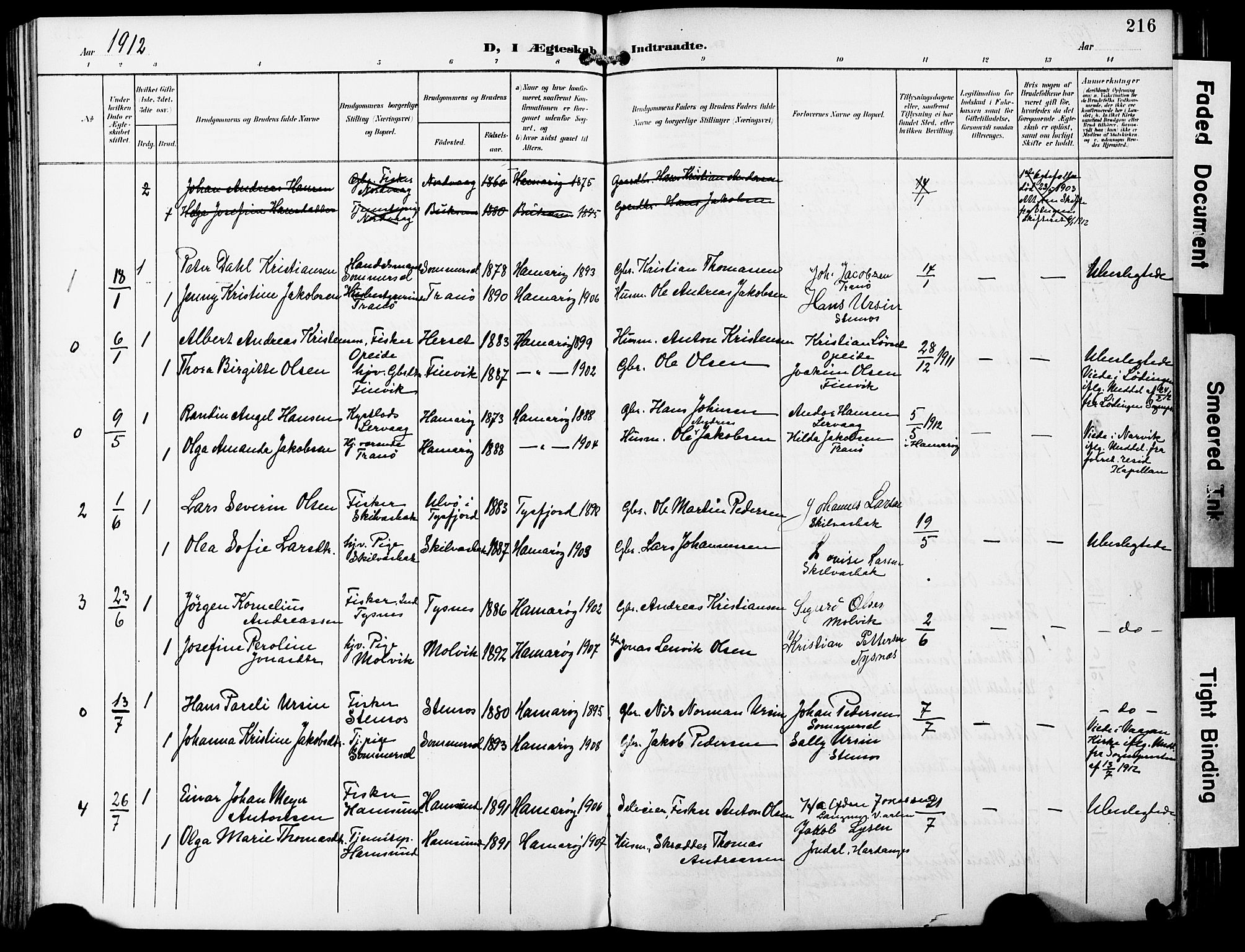 Ministerialprotokoller, klokkerbøker og fødselsregistre - Nordland, AV/SAT-A-1459/859/L0848: Parish register (official) no. 859A08, 1900-1912, p. 216