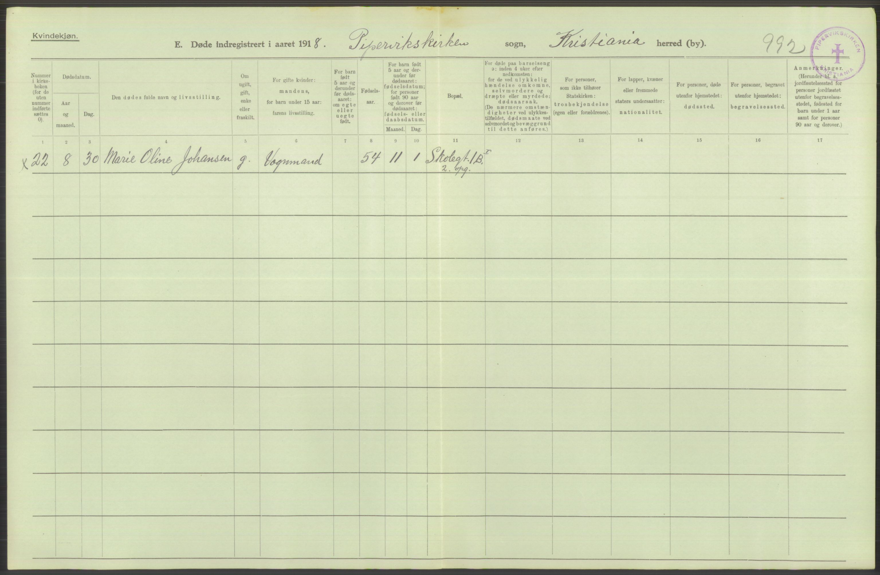 Statistisk sentralbyrå, Sosiodemografiske emner, Befolkning, AV/RA-S-2228/D/Df/Dfb/Dfbh/L0011: Kristiania: Døde, dødfødte, 1918, p. 62