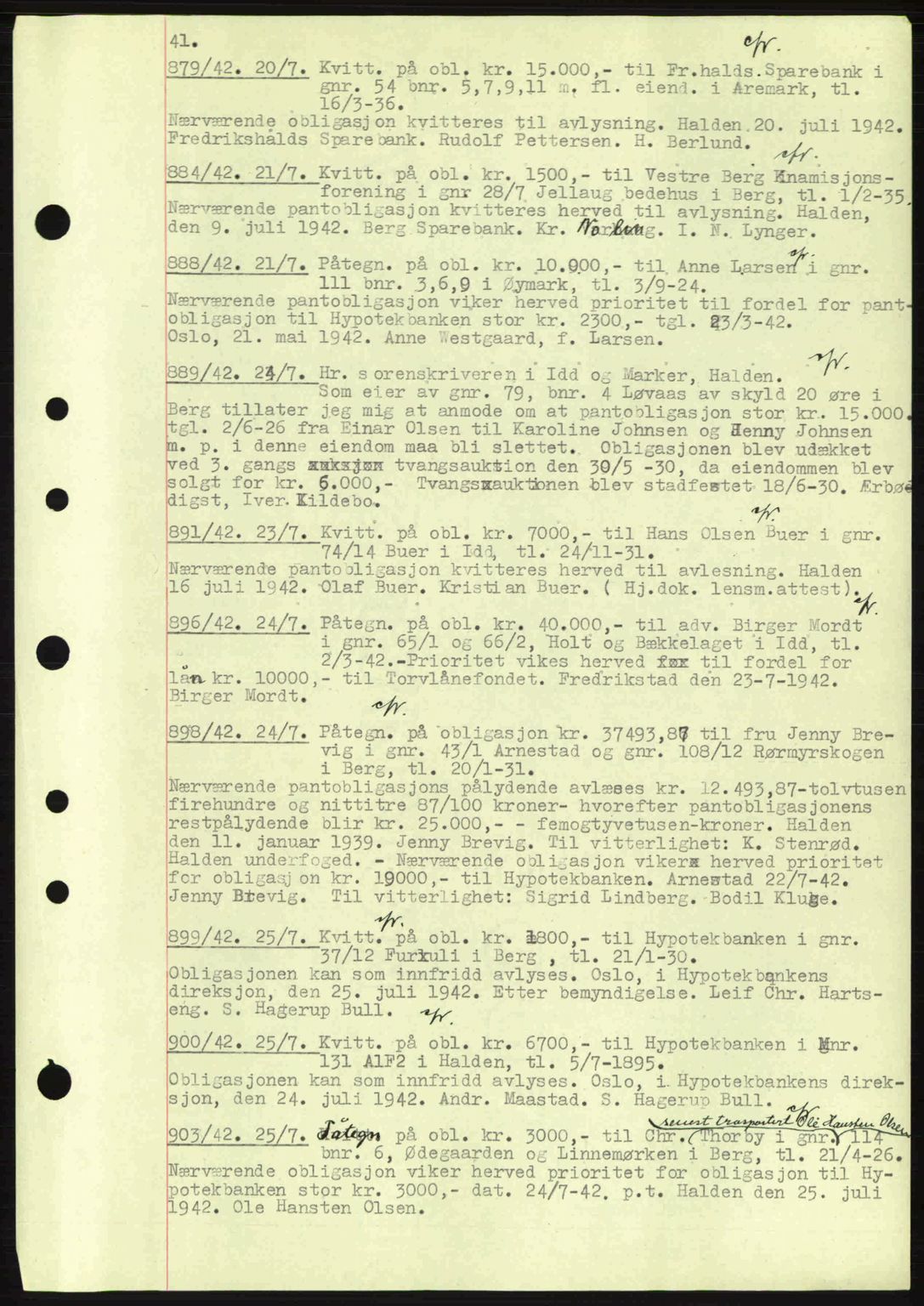 Idd og Marker sorenskriveri, AV/SAO-A-10283/G/Gb/Gbc/L0002: Mortgage book no. B4-9a, 1939-1945, Diary no: : 879/1942