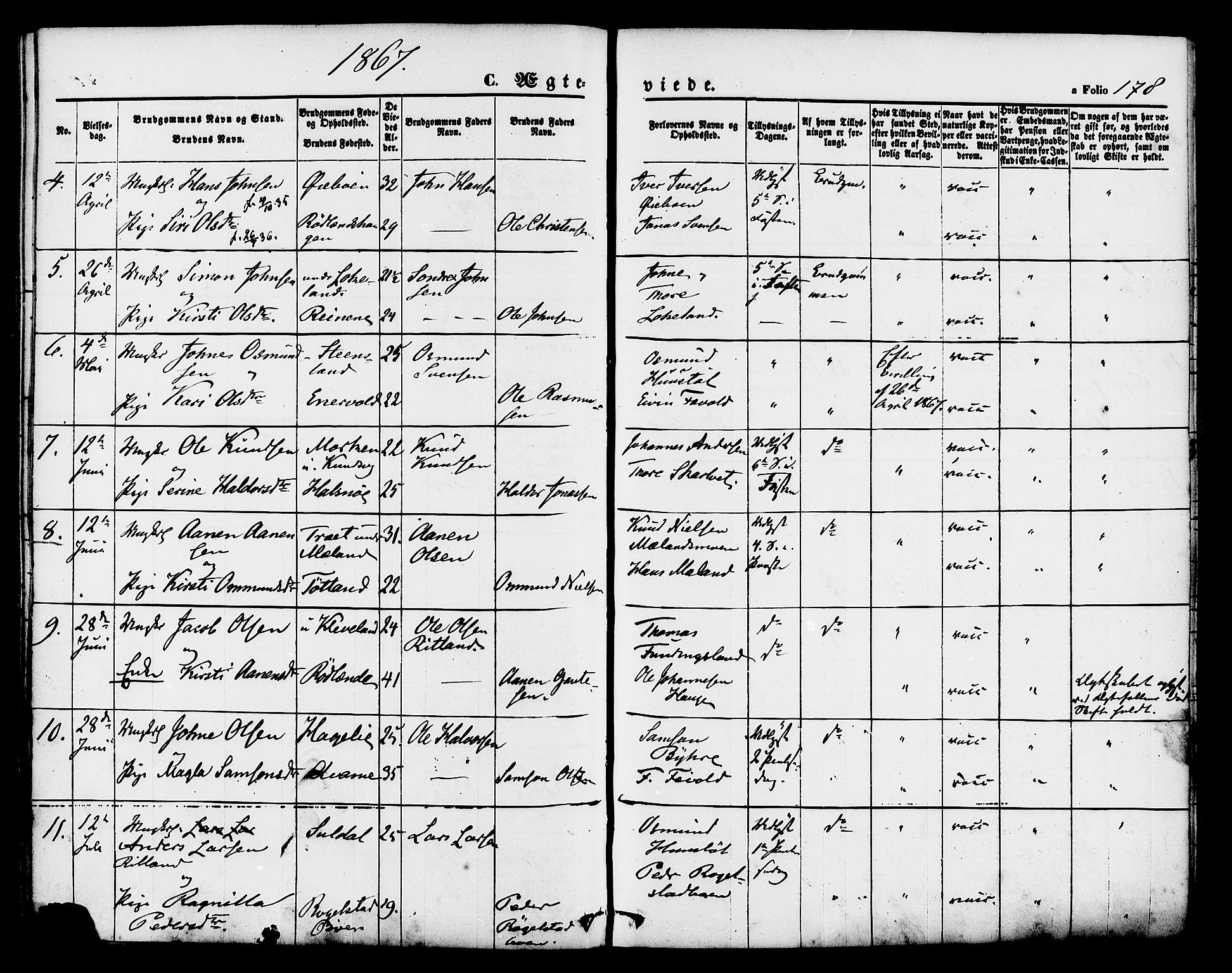 Hjelmeland sokneprestkontor, AV/SAST-A-101843/01/IV/L0011: Parish register (official) no. A 11, 1861-1878, p. 178