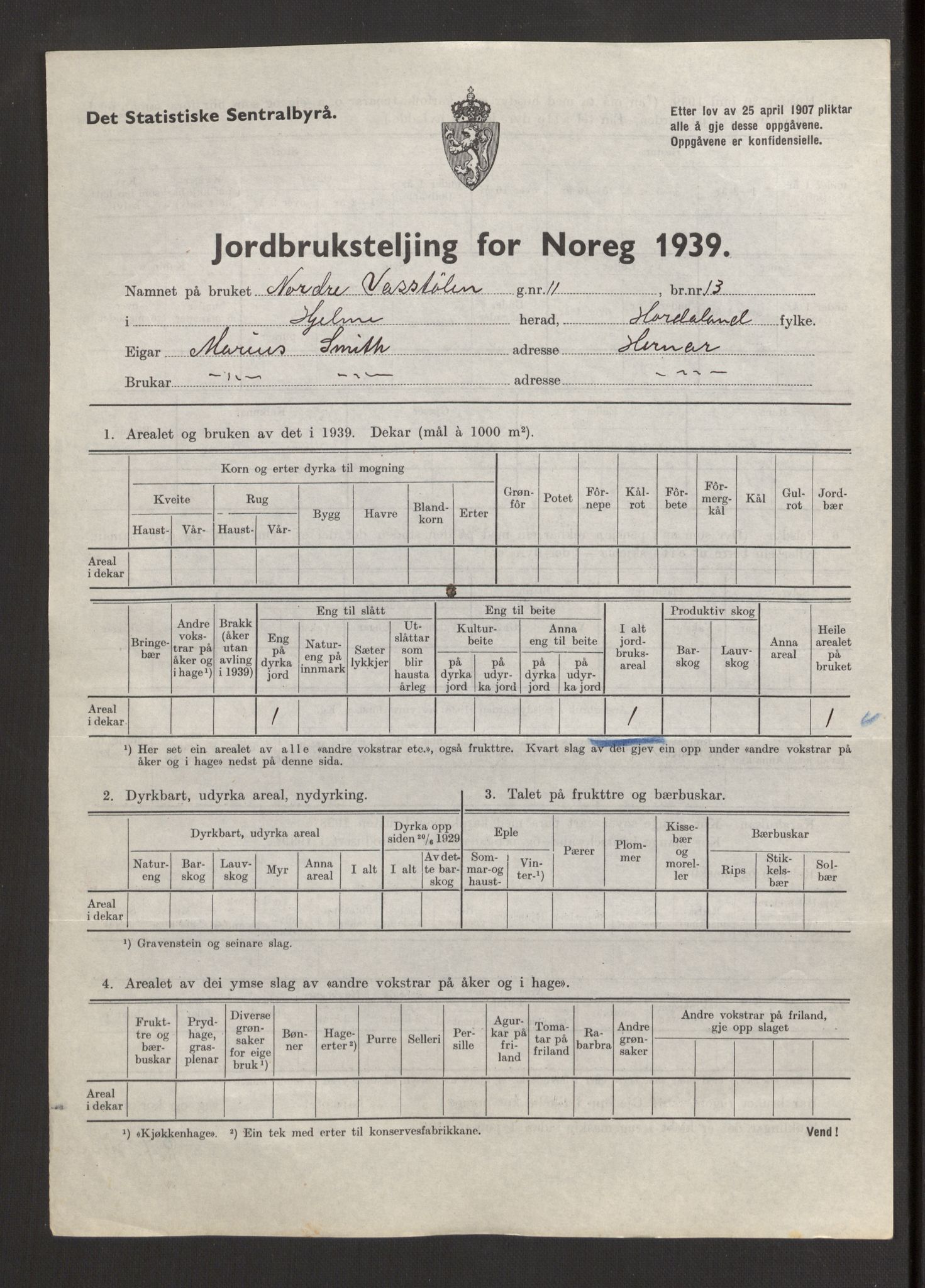 Statistisk sentralbyrå, Næringsøkonomiske emner, Jordbruk, skogbruk, jakt, fiske og fangst, AV/RA-S-2234/G/Gb/L0211: Hordaland: Herdla, Hjelme og Manger, 1939, p. 1145