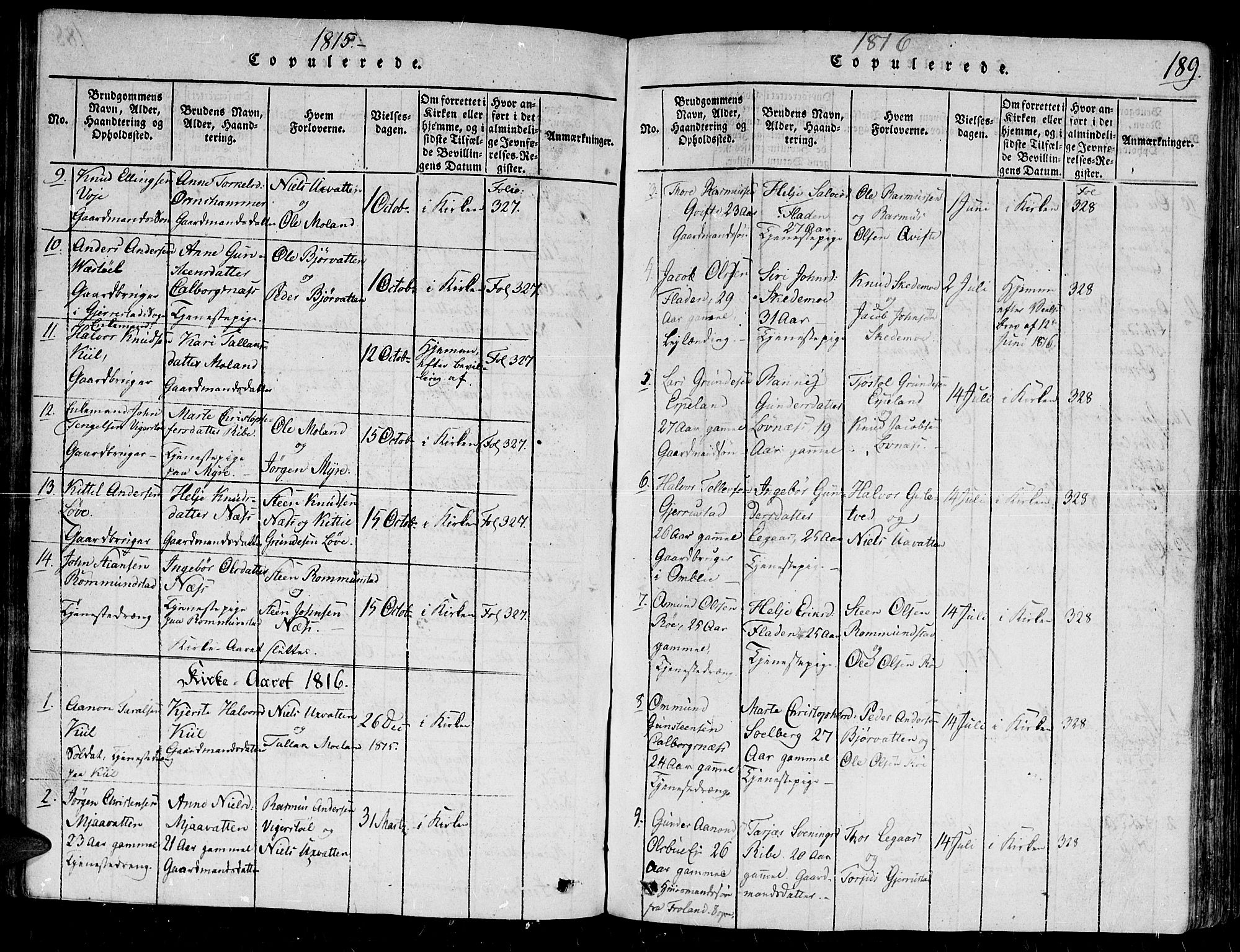 Gjerstad sokneprestkontor, SAK/1111-0014/F/Fb/Fbb/L0001: Parish register (copy) no. B 1, 1813-1863, p. 189