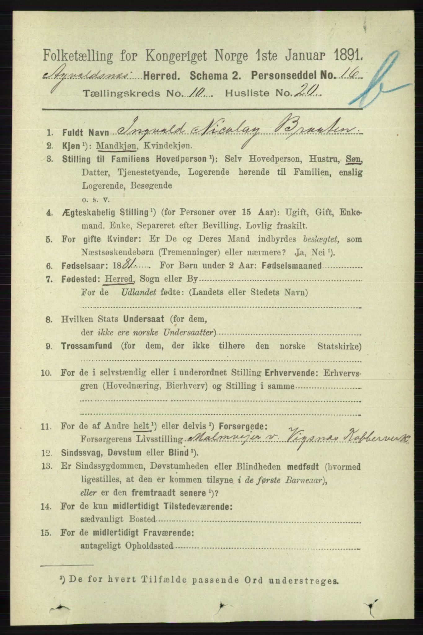 RA, 1891 census for 1147 Avaldsnes, 1891, p. 6036