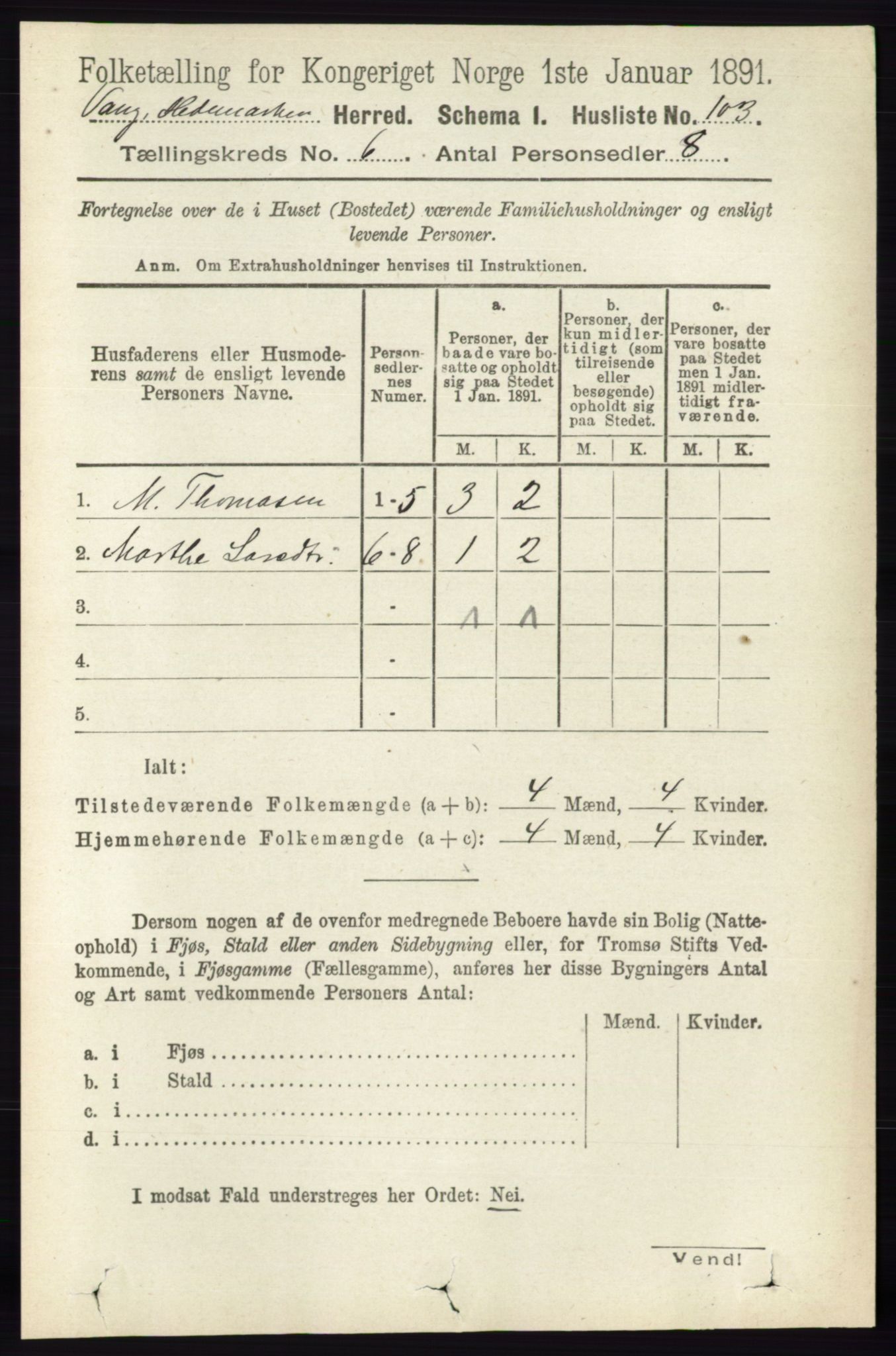 RA, 1891 census for 0414 Vang, 1891, p. 4272