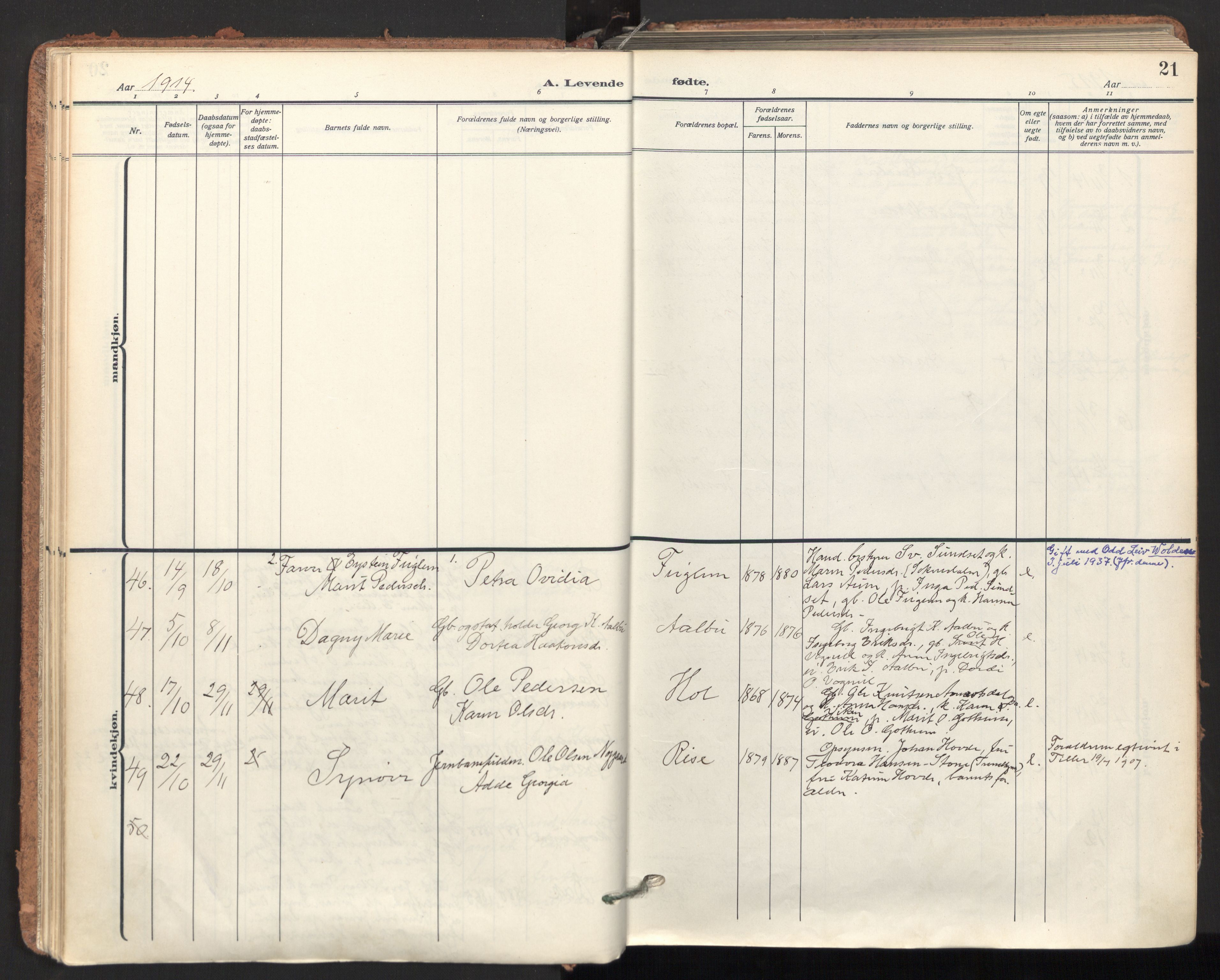 Ministerialprotokoller, klokkerbøker og fødselsregistre - Sør-Trøndelag, SAT/A-1456/678/L0909: Parish register (official) no. 678A17, 1912-1930, p. 21