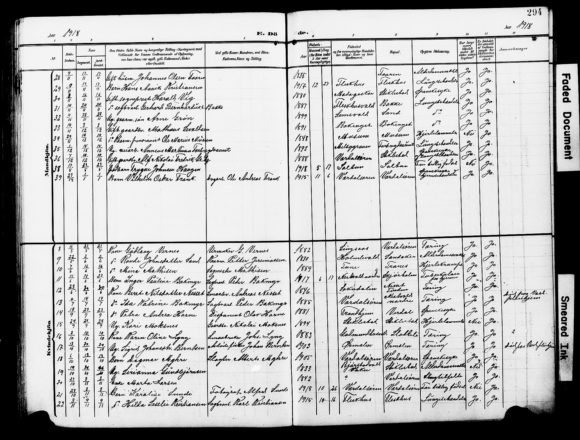 Ministerialprotokoller, klokkerbøker og fødselsregistre - Nord-Trøndelag, SAT/A-1458/723/L0258: Parish register (copy) no. 723C06, 1908-1927, p. 294