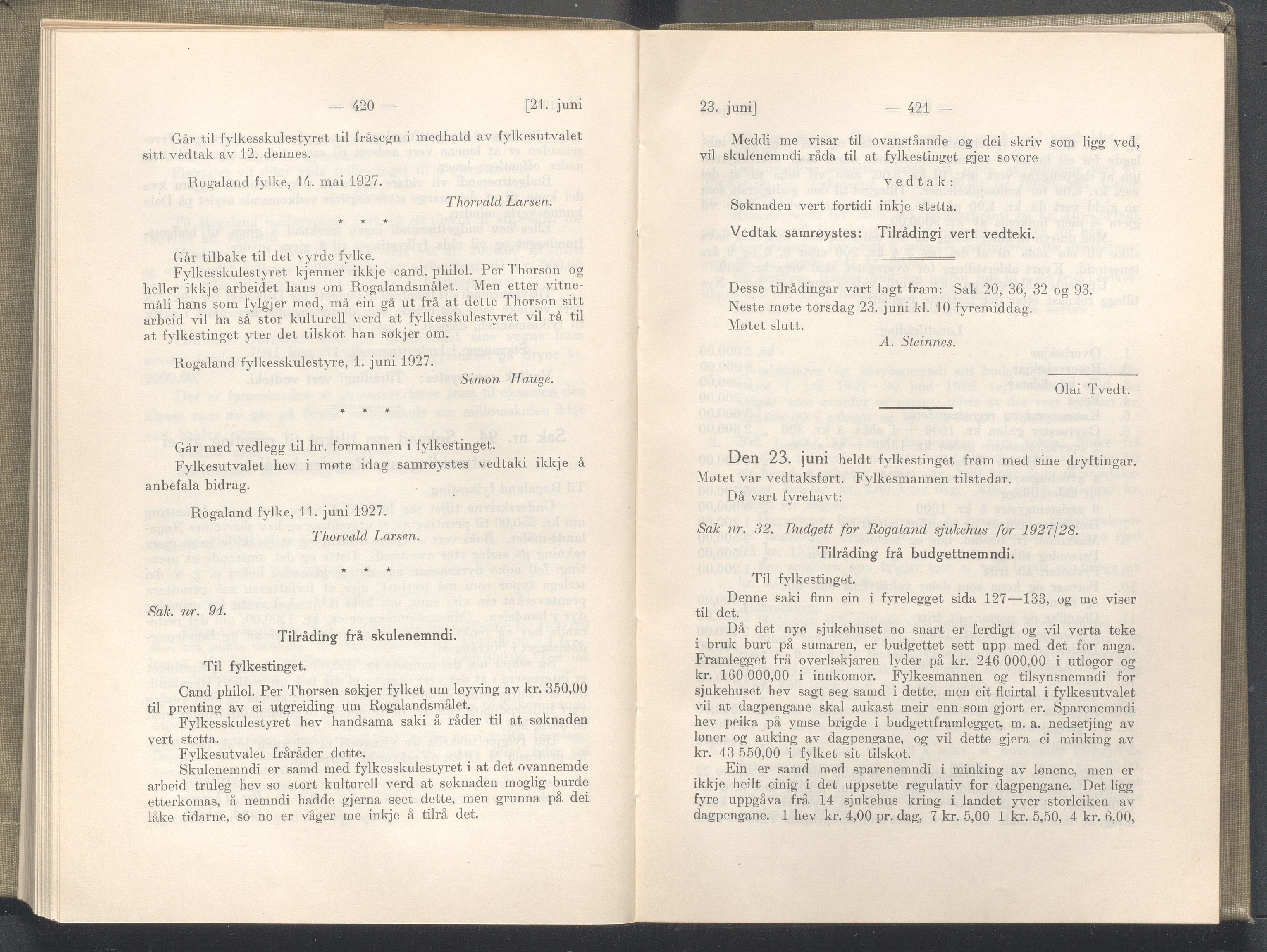 Rogaland fylkeskommune - Fylkesrådmannen , IKAR/A-900/A/Aa/Aaa/L0046: Møtebok , 1927, p. 420-421