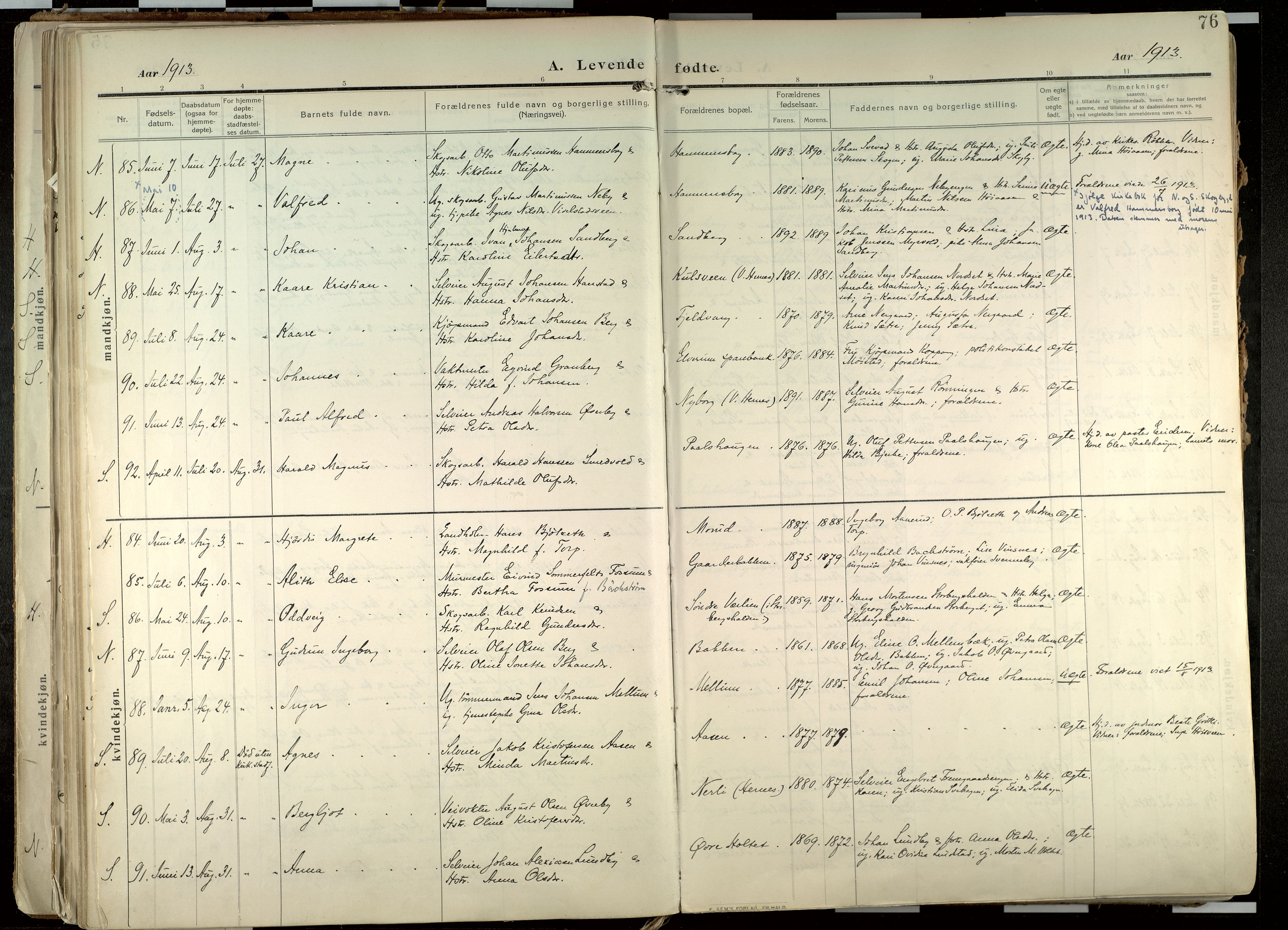 Elverum prestekontor, SAH/PREST-044/H/Ha/Haa/L0020: Parish register (official) no. 20, 1909-1921, p. 76