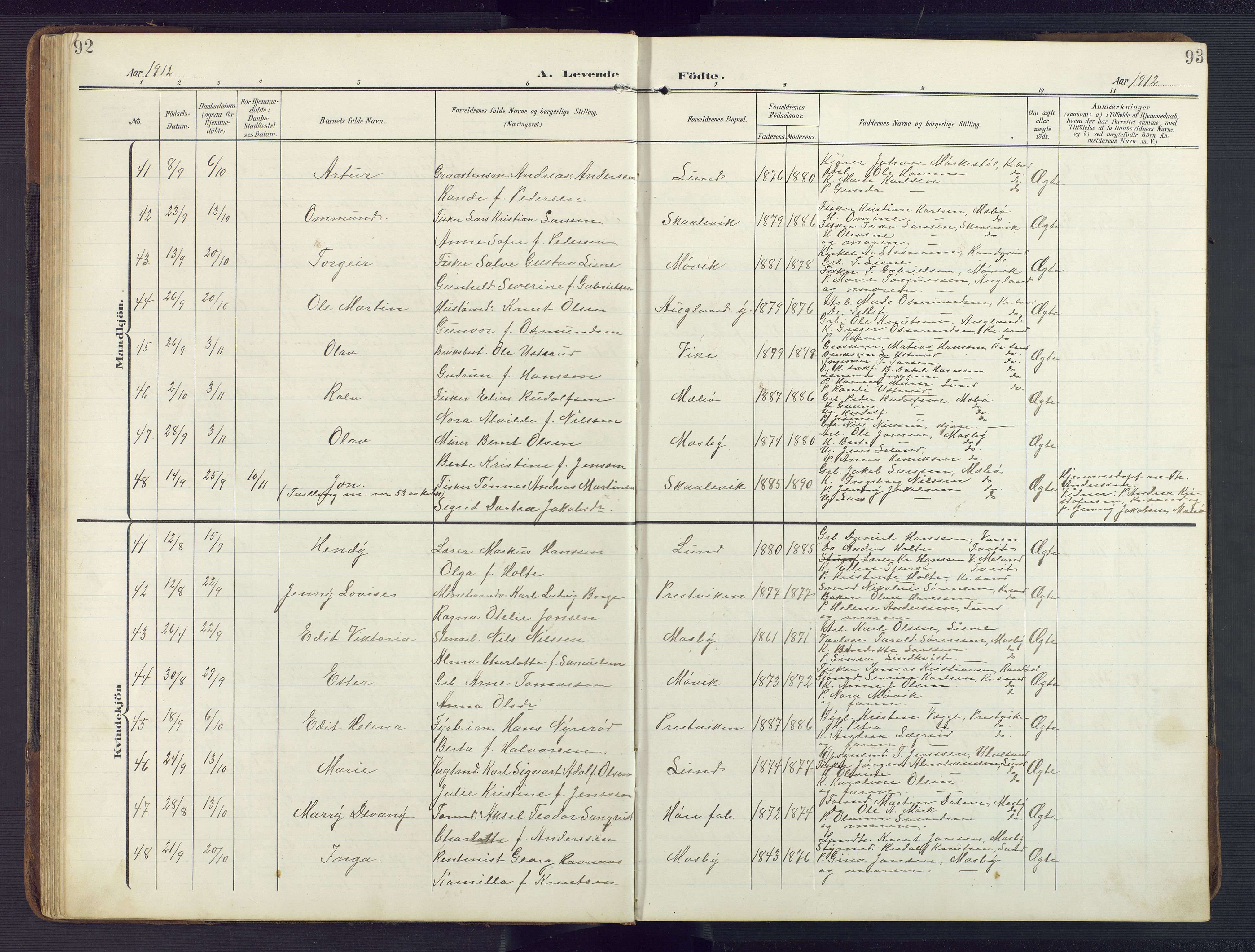 Oddernes sokneprestkontor, AV/SAK-1111-0033/F/Fb/Fba/L0010: Parish register (copy) no. B 10, 1907-1941, p. 92-93