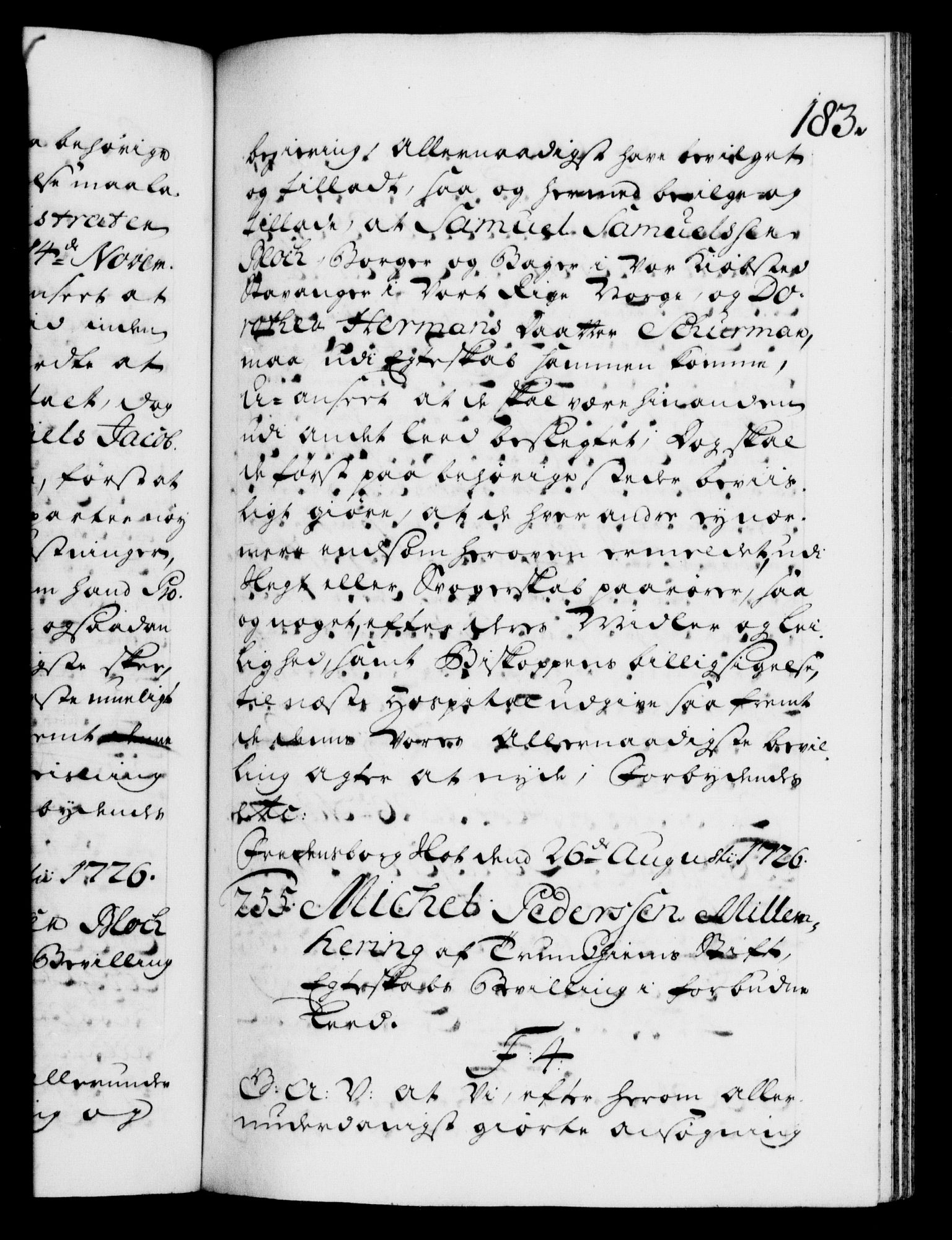 Danske Kanselli 1572-1799, AV/RA-EA-3023/F/Fc/Fca/Fcaa/L0025: Norske registre, 1726-1728, p. 183a