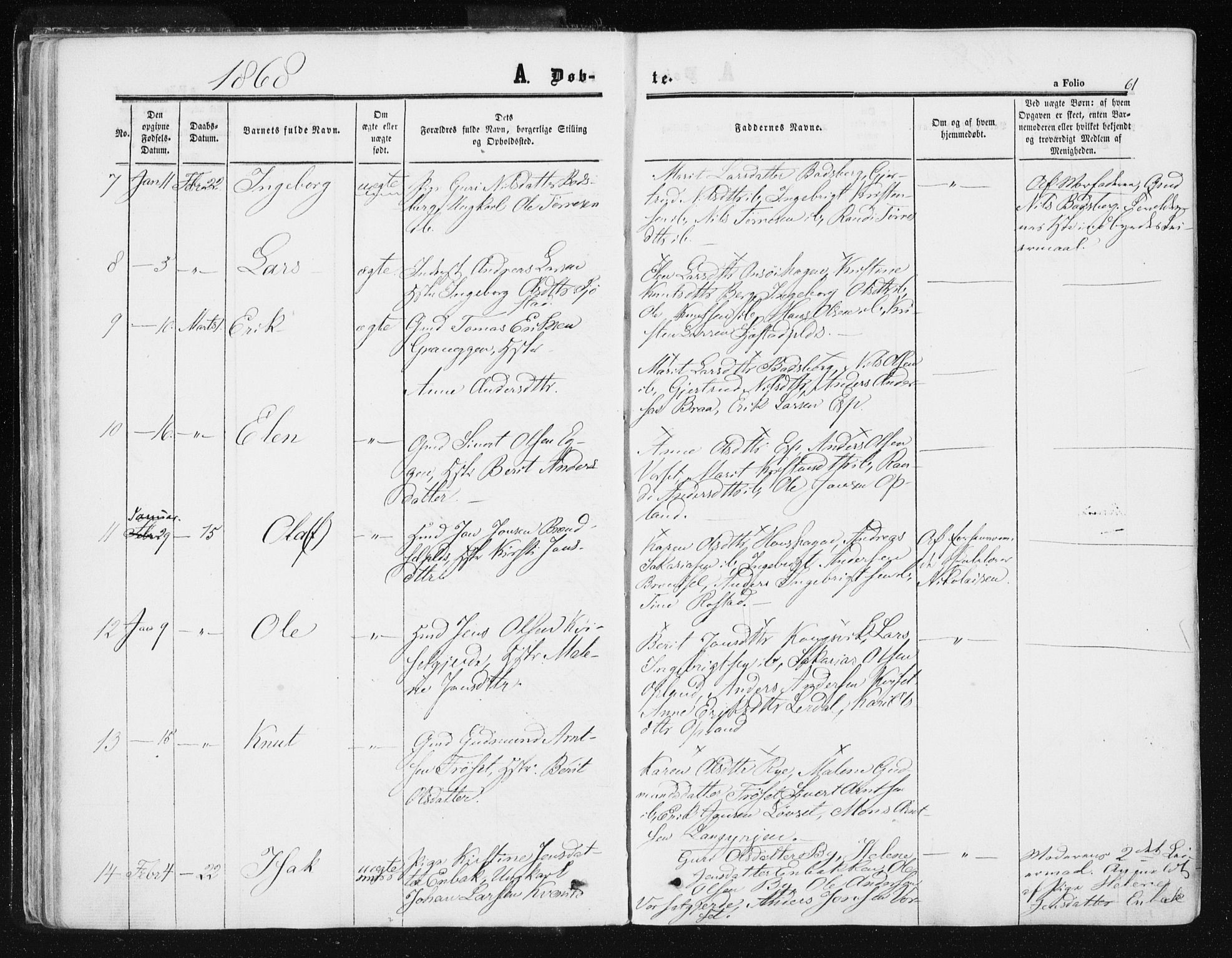 Ministerialprotokoller, klokkerbøker og fødselsregistre - Sør-Trøndelag, SAT/A-1456/612/L0377: Parish register (official) no. 612A09, 1859-1877, p. 61