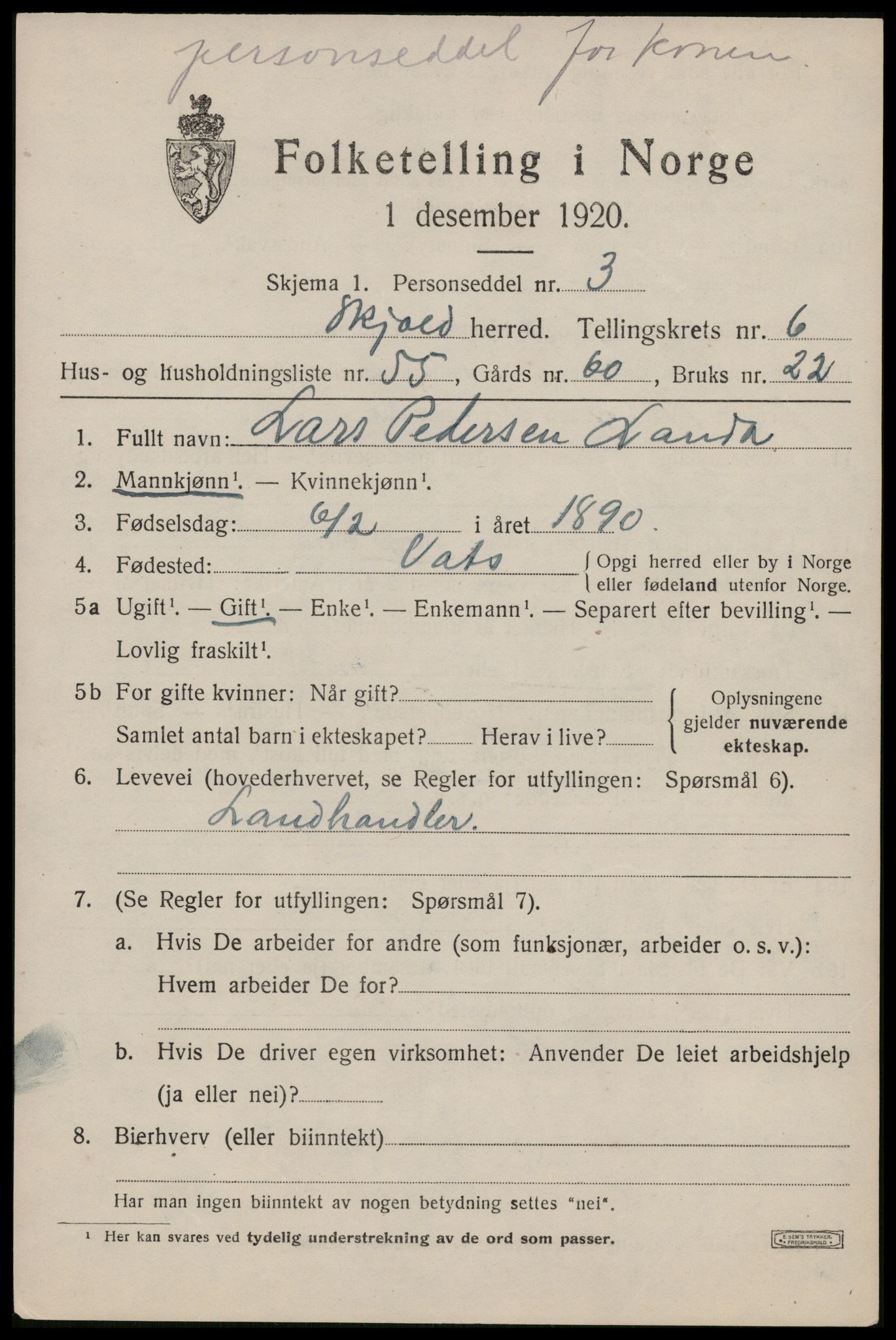 SAST, 1920 census for Skjold, 1920, p. 3682