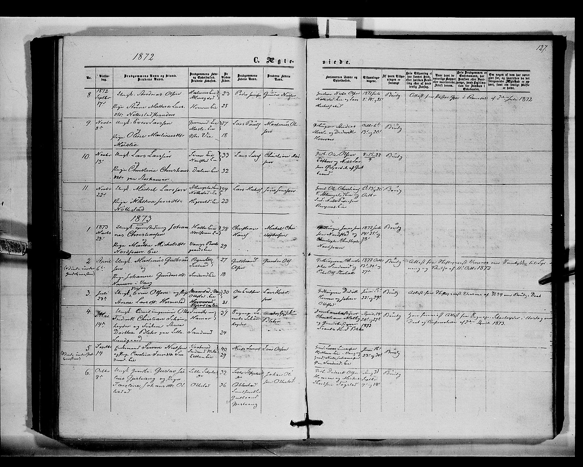 Stange prestekontor, SAH/PREST-002/K/L0015: Parish register (official) no. 15, 1862-1879, p. 127