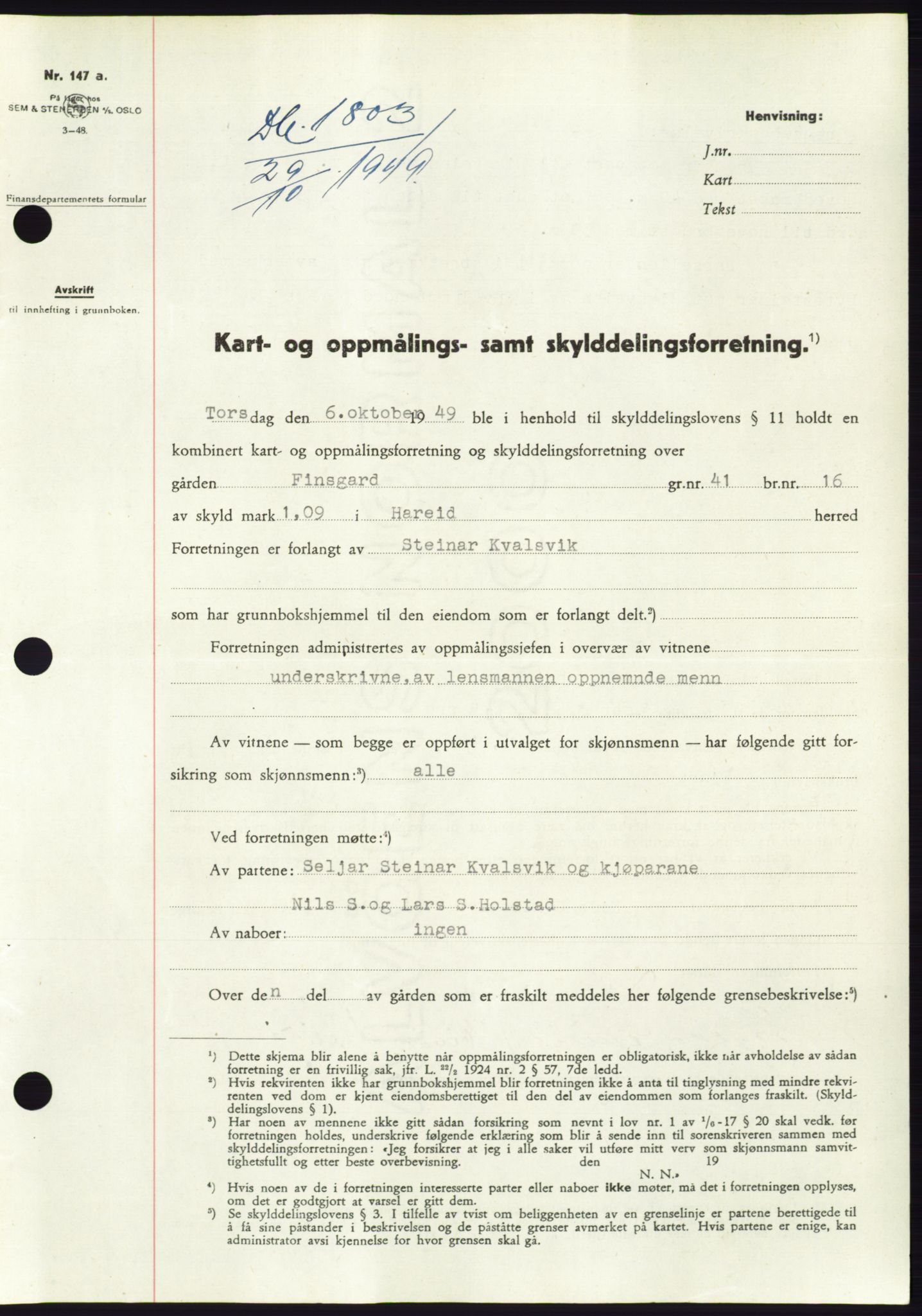 Søre Sunnmøre sorenskriveri, AV/SAT-A-4122/1/2/2C/L0085: Mortgage book no. 11A, 1949-1949, Diary no: : 1803/1949