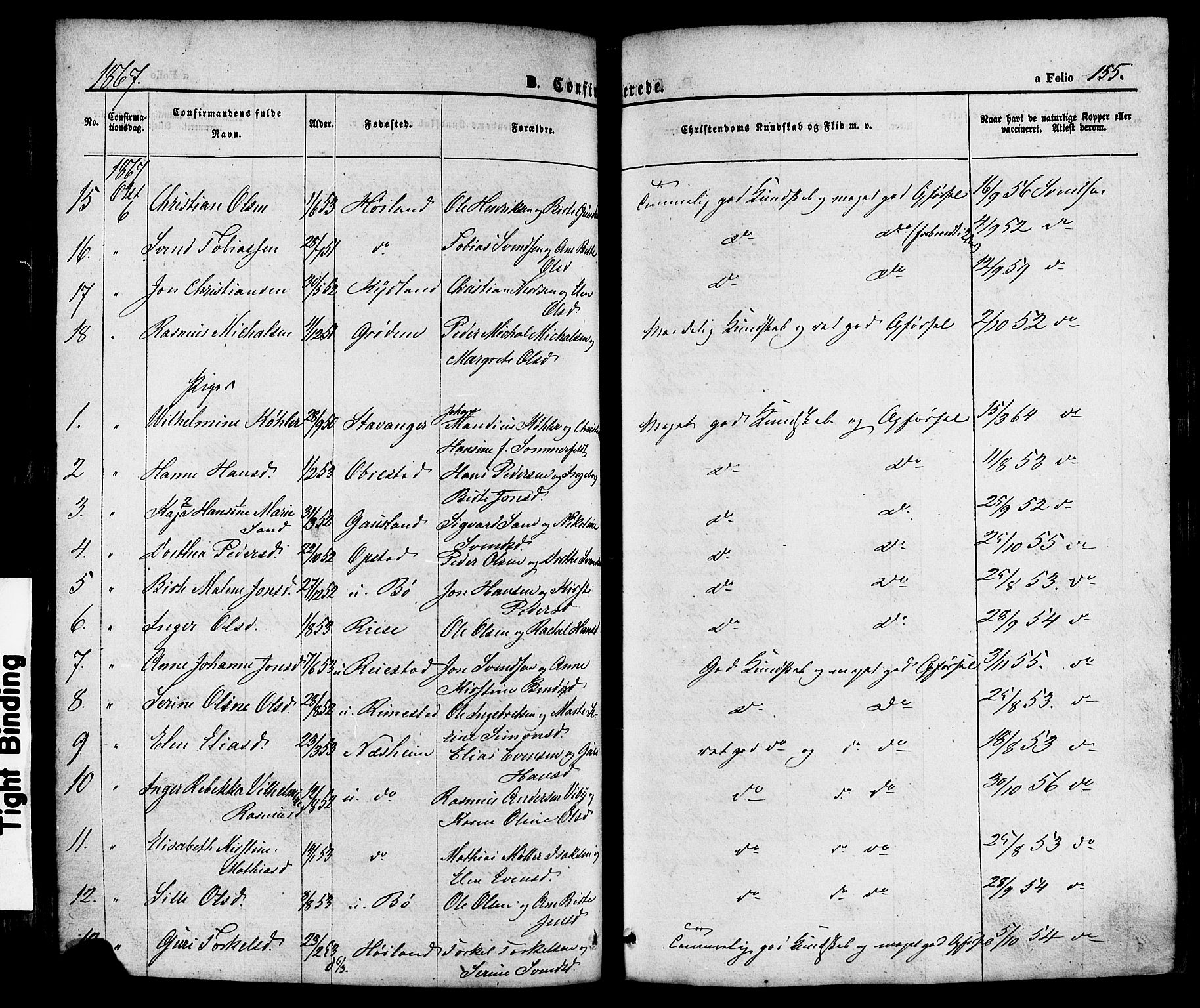 Hå sokneprestkontor, AV/SAST-A-101801/001/30BA/L0008: Parish register (official) no. A 7, 1853-1878, p. 155