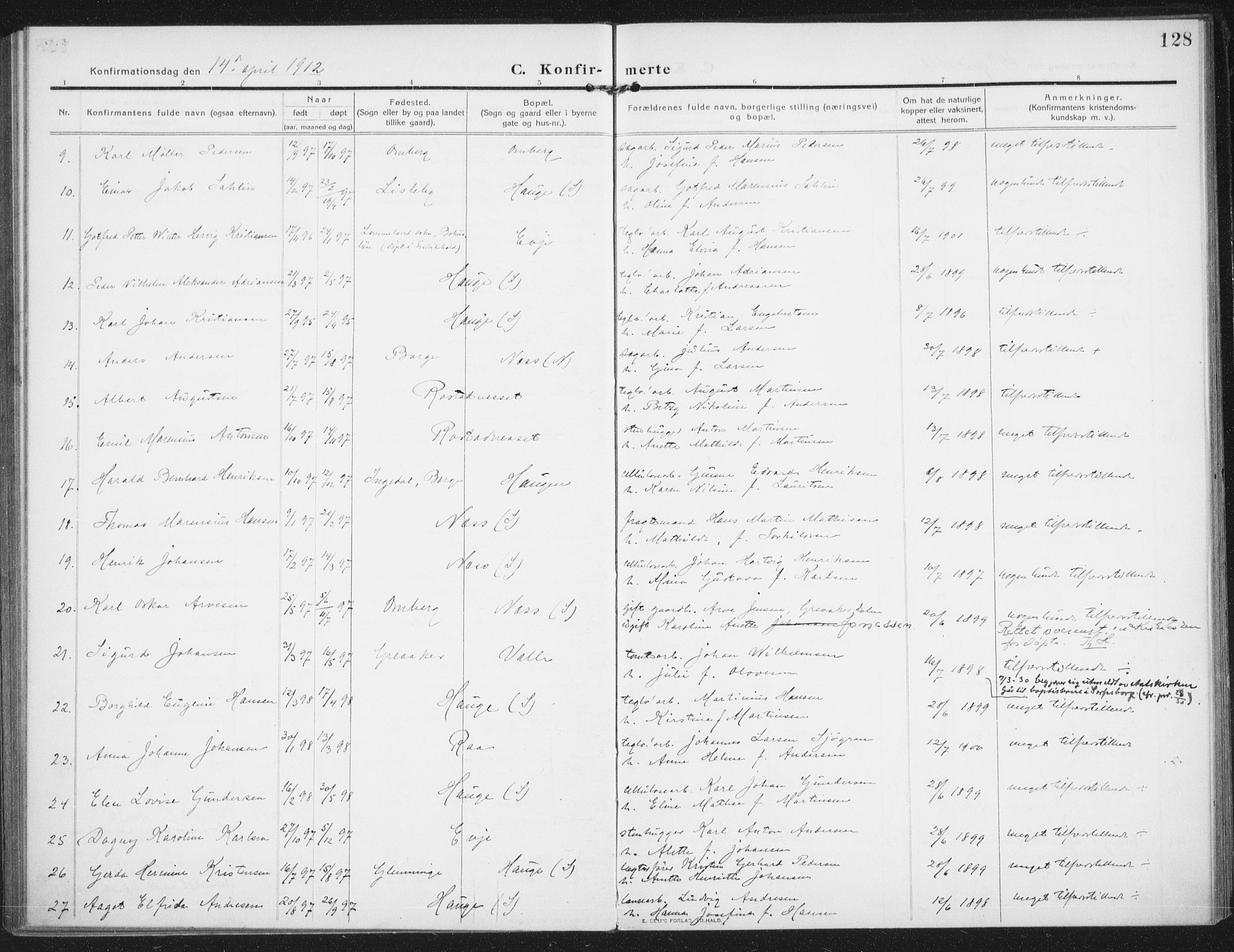 Rolvsøy prestekontor Kirkebøker, AV/SAO-A-2004/F/Fa/L0002: Parish register (official) no. 2, 1909-1917, p. 128