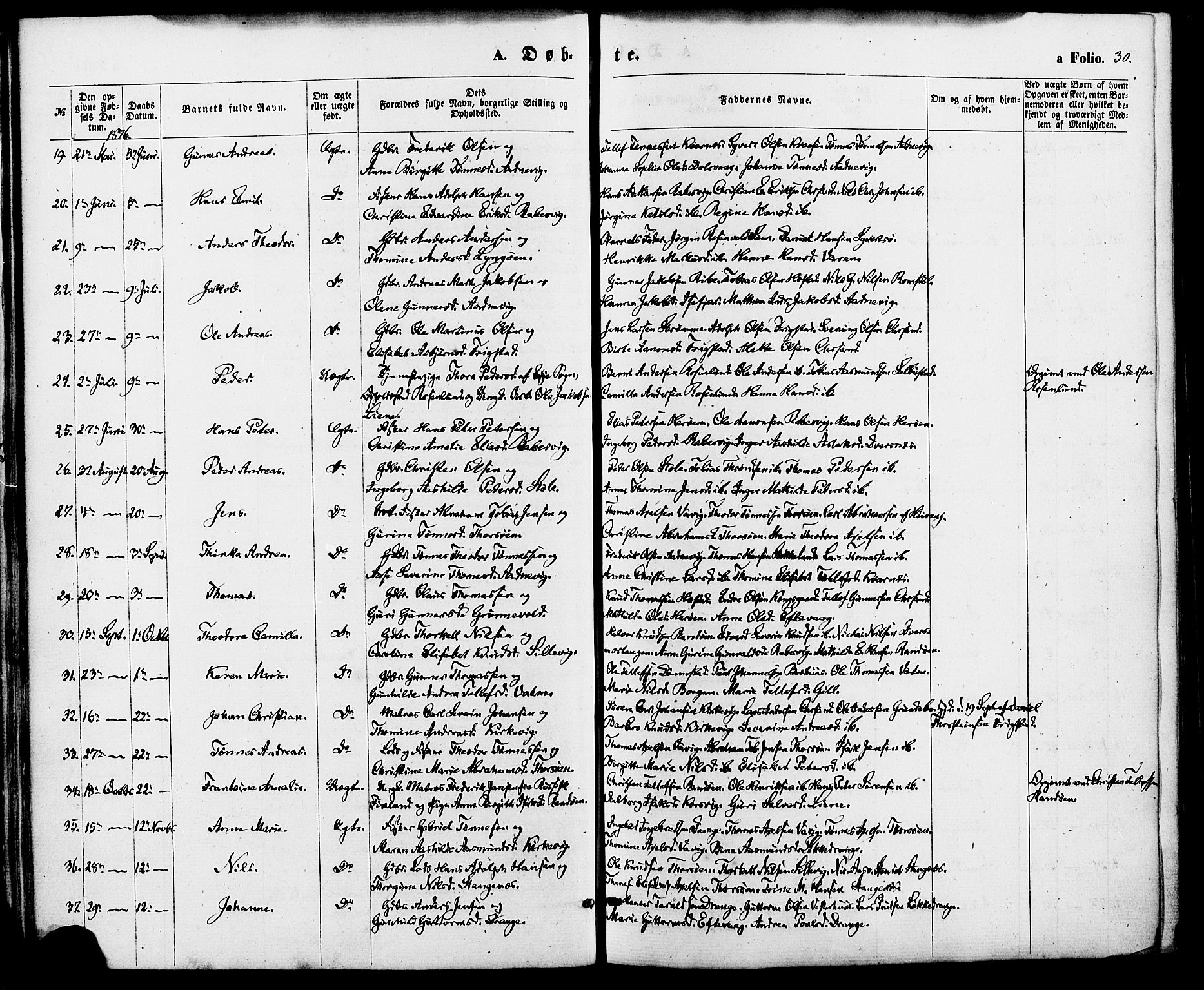 Oddernes sokneprestkontor, SAK/1111-0033/F/Fa/Fab/L0001: Parish register (official) no. A 1, 1865-1884, p. 30