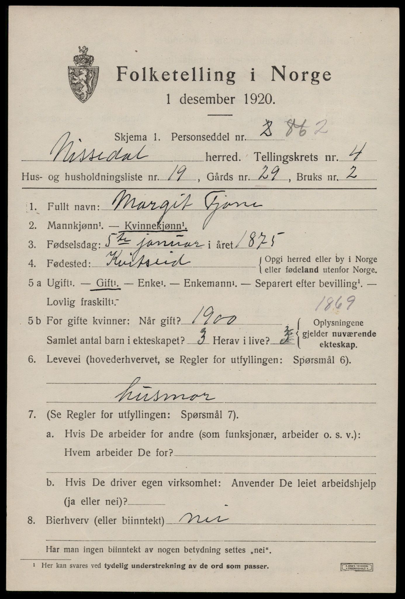 SAKO, 1920 census for Nissedal, 1920, p. 1999