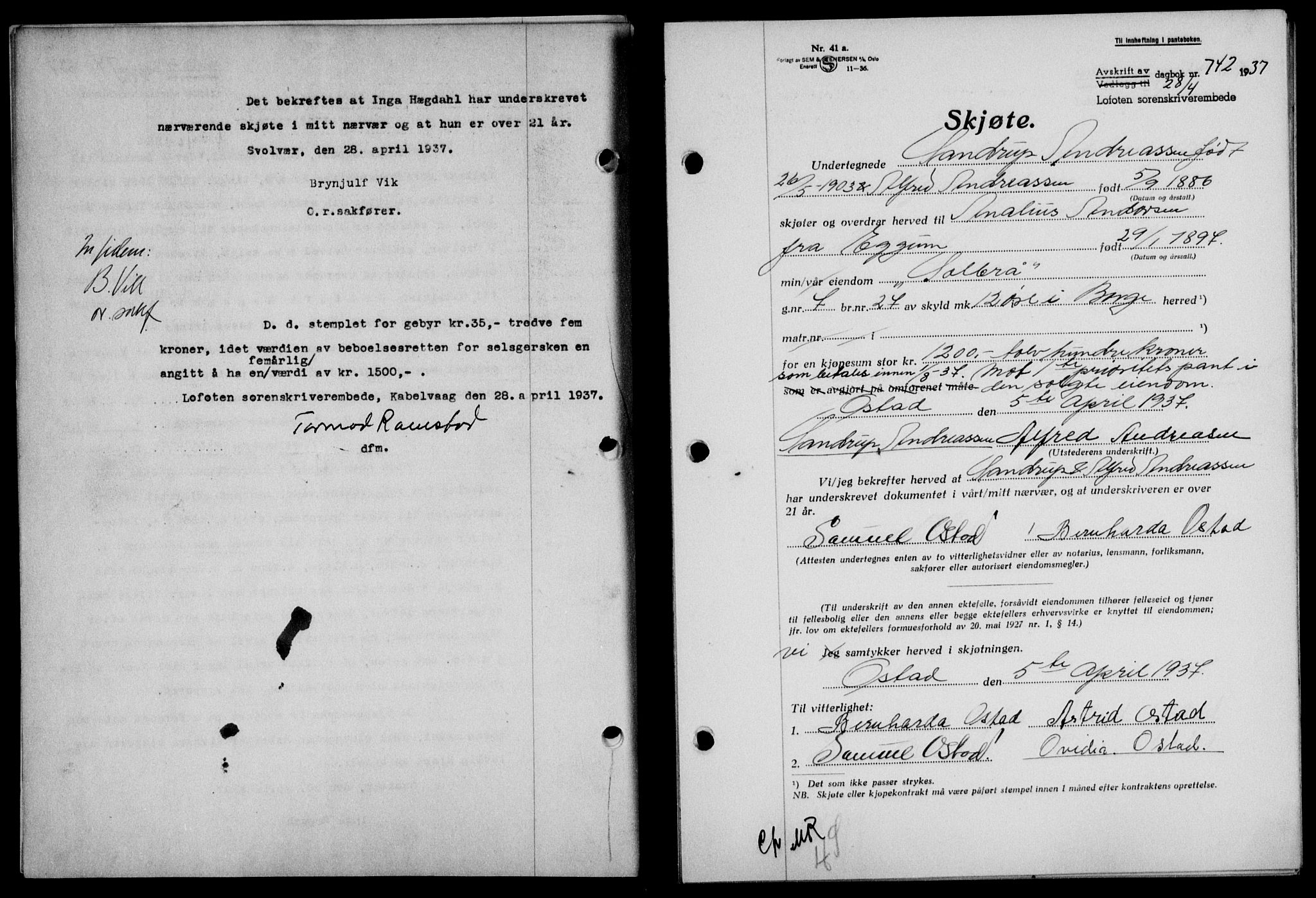 Lofoten sorenskriveri, SAT/A-0017/1/2/2C/L0002a: Mortgage book no. 2a, 1937-1937, Diary no: : 742/1937