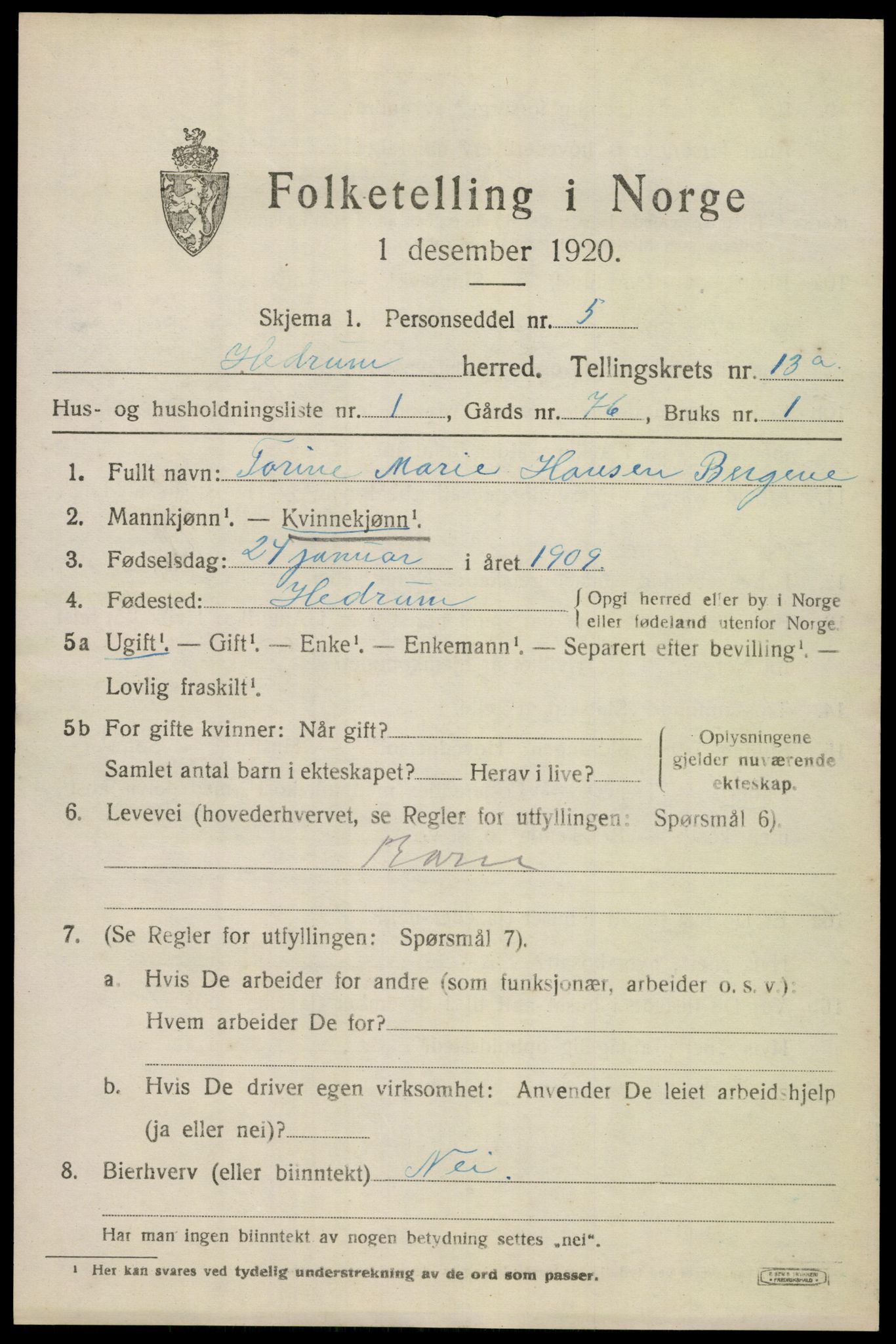 SAKO, 1920 census for Hedrum, 1920, p. 8597