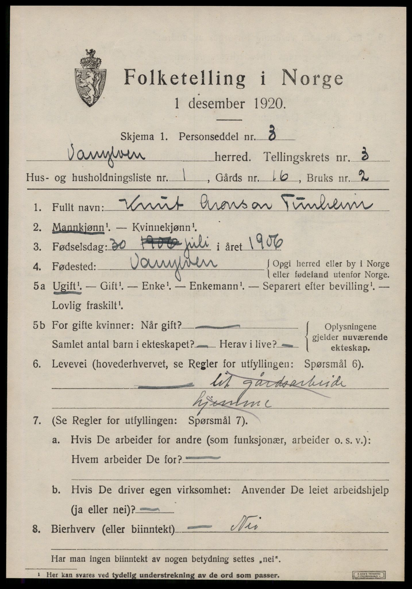 SAT, 1920 census for Vanylven, 1920, p. 1833