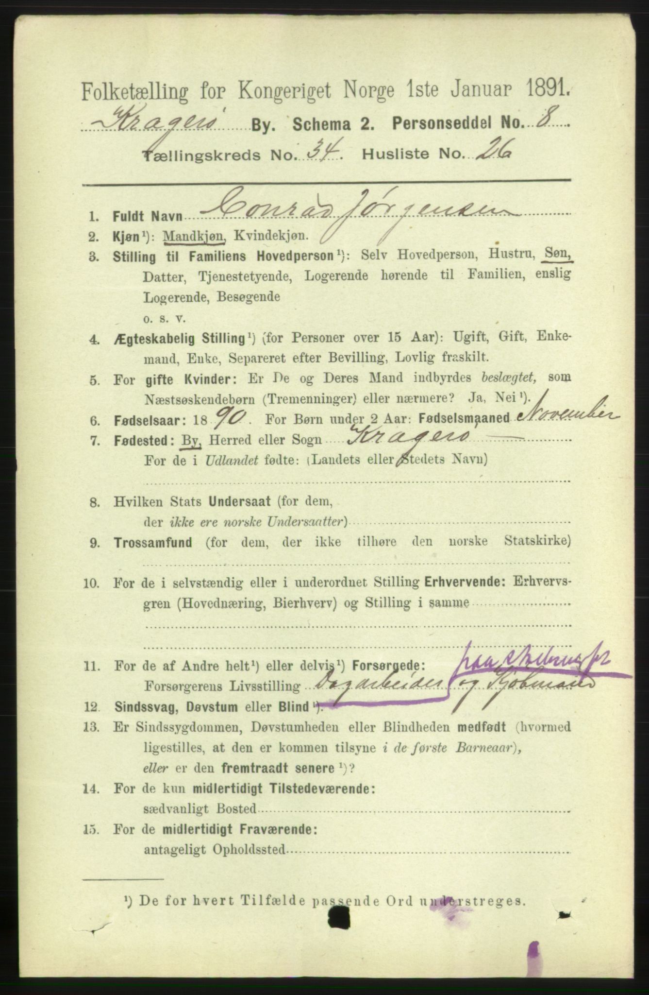 RA, 1891 census for 0801 Kragerø, 1891, p. 6245