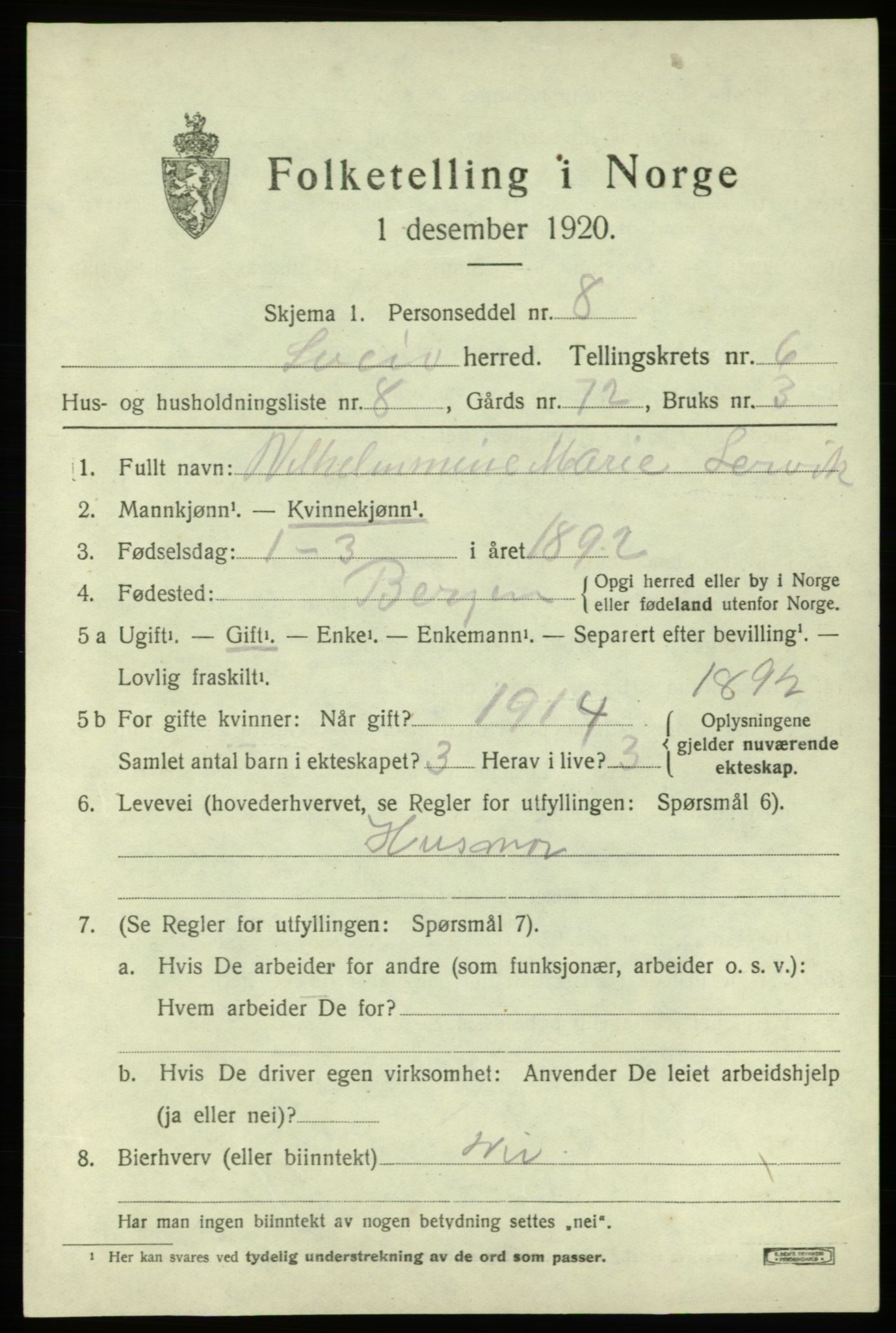 SAB, 1920 census for Sveio, 1920, p. 2974