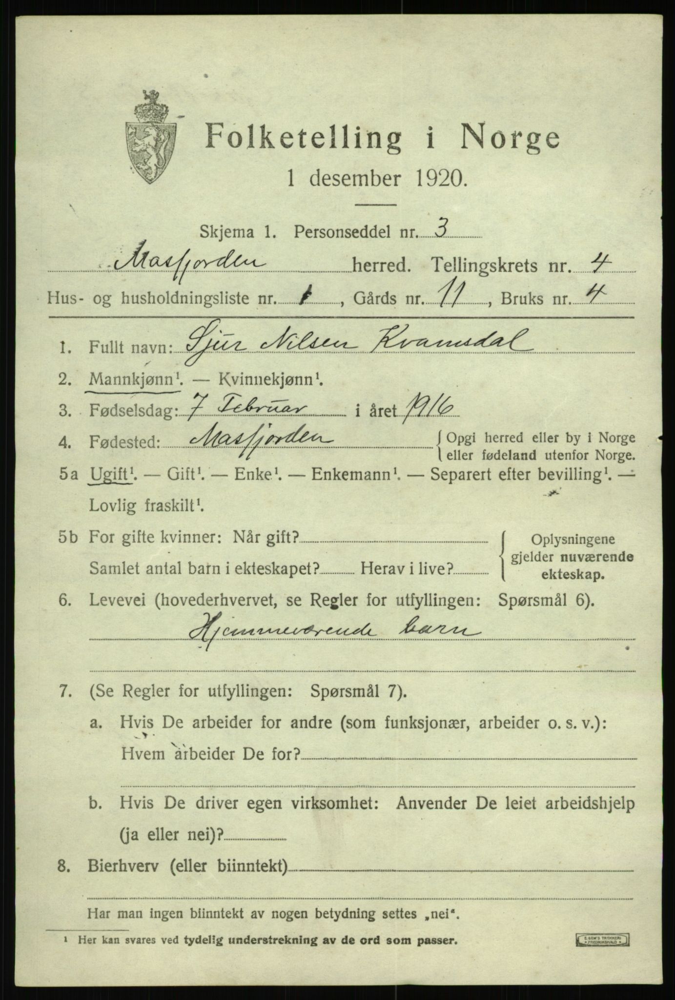 SAB, 1920 census for Masfjorden, 1920, p. 1677