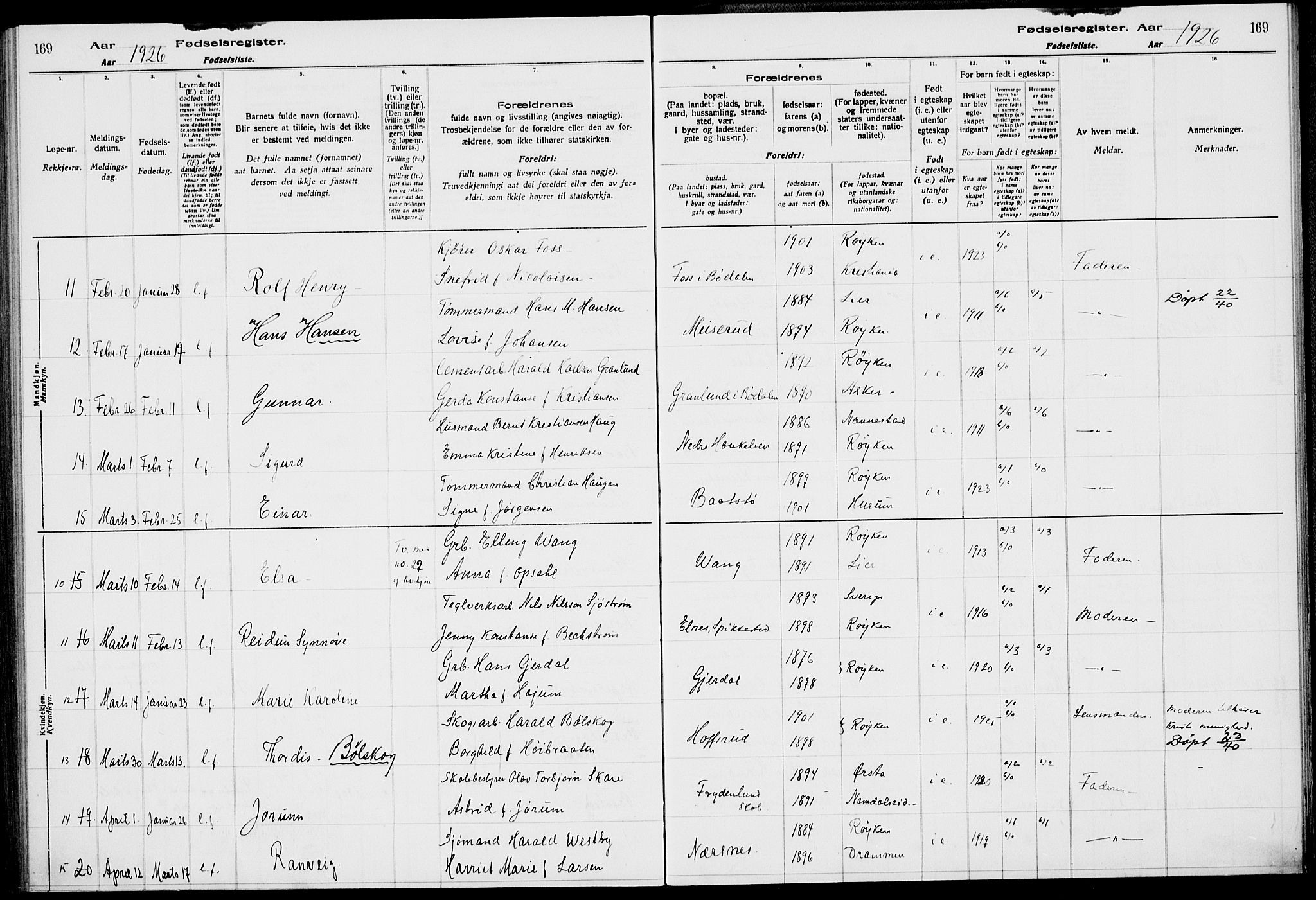 Røyken kirkebøker, AV/SAKO-A-241/J/Ja/L0001: Birth register no. 1, 1916-1927, p. 169