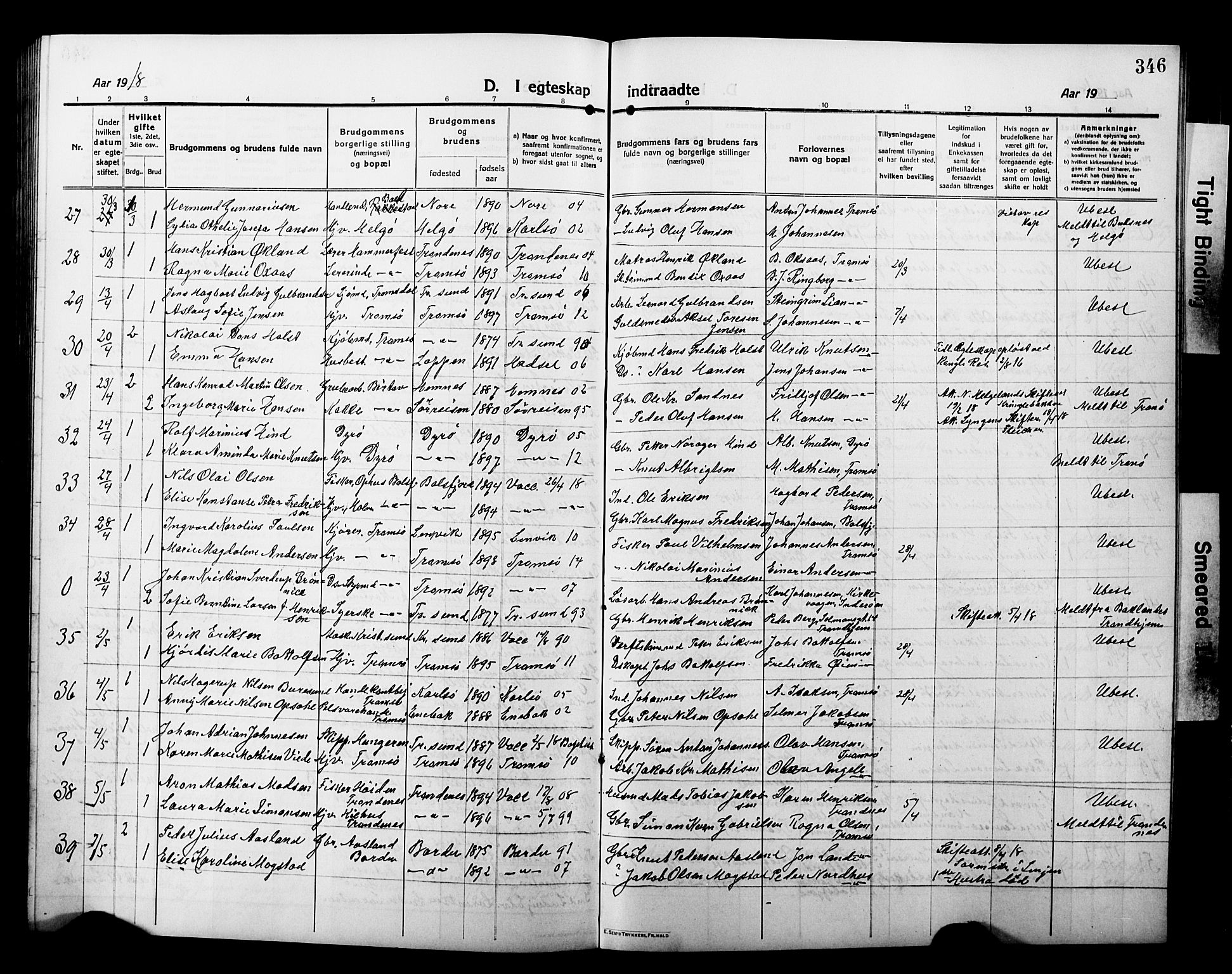 Tromsø sokneprestkontor/stiftsprosti/domprosti, AV/SATØ-S-1343/G/Gb/L0009klokker: Parish register (copy) no. 9, 1915-1925, p. 346