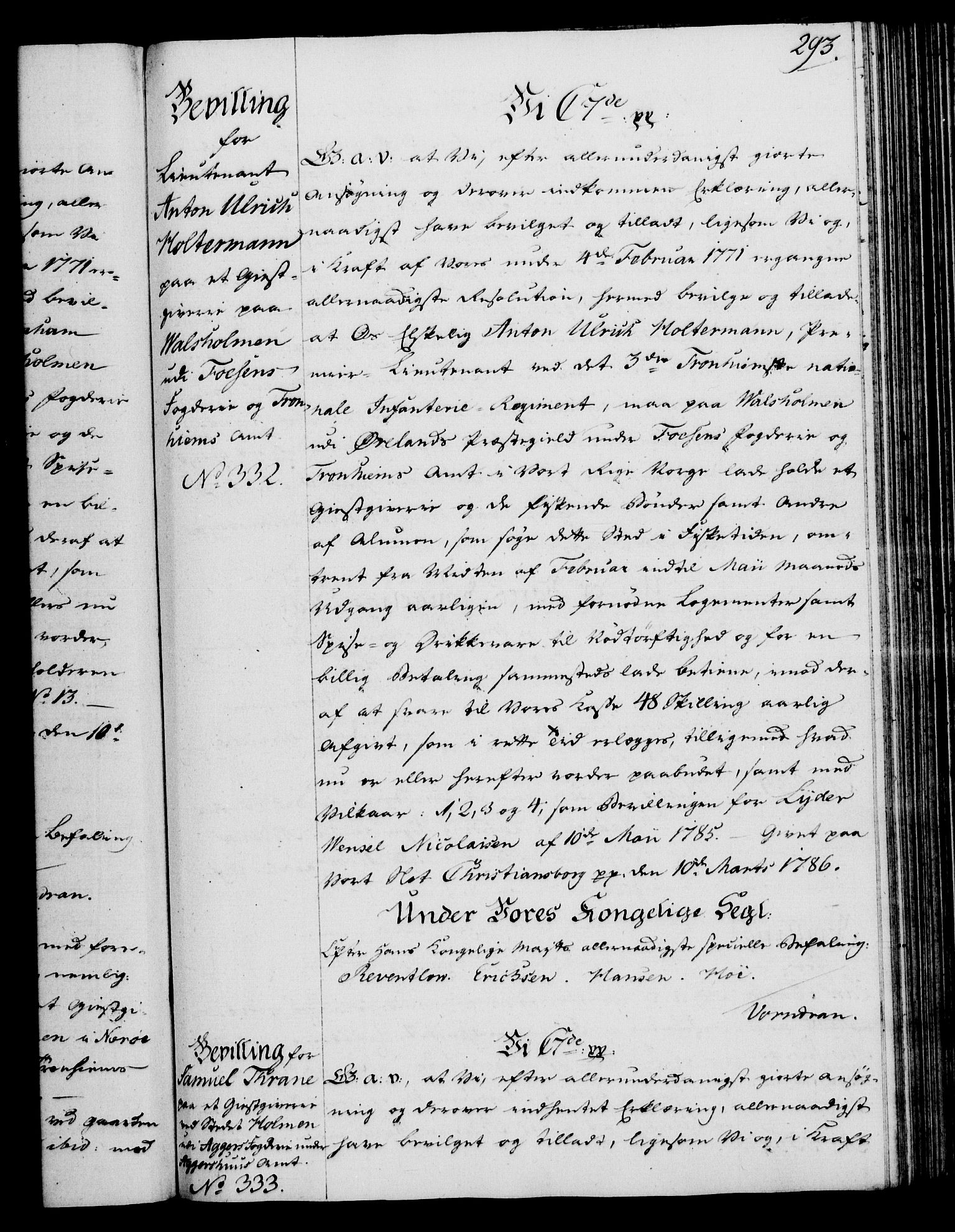 Rentekammeret, Kammerkanselliet, AV/RA-EA-3111/G/Gg/Gga/L0013: Norsk ekspedisjonsprotokoll med register (merket RK 53.13), 1784-1787, p. 293