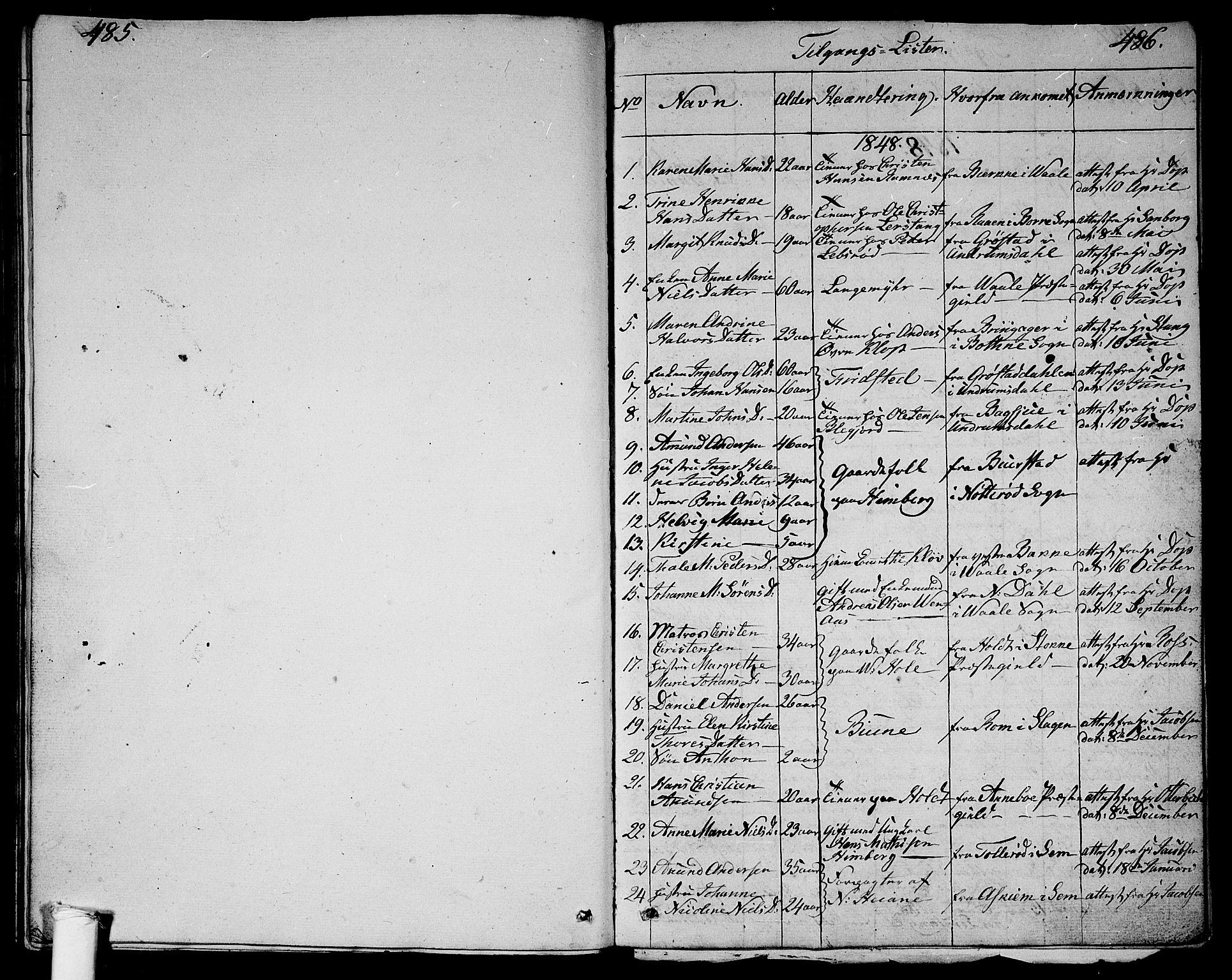 Ramnes kirkebøker, SAKO/A-314/G/Ga/L0002: Parish register (copy) no. I 2, 1848-1870, p. 485-486