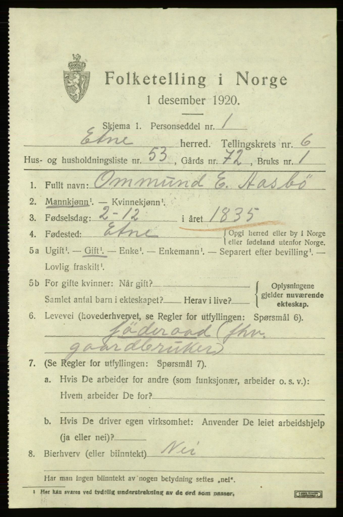 SAB, 1920 census for Etne, 1920, p. 3173