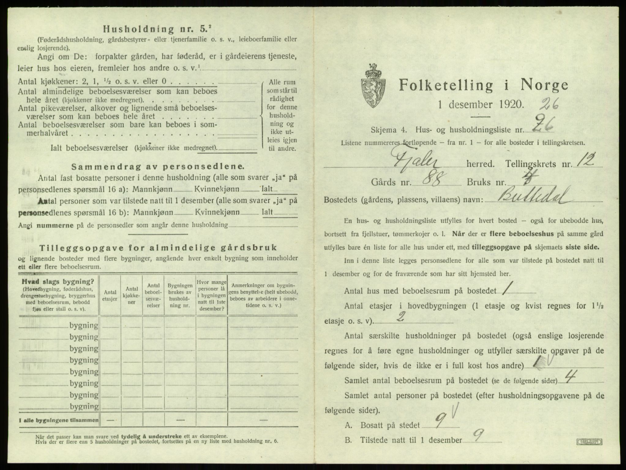 SAB, 1920 census for Fjaler, 1920, p. 1055