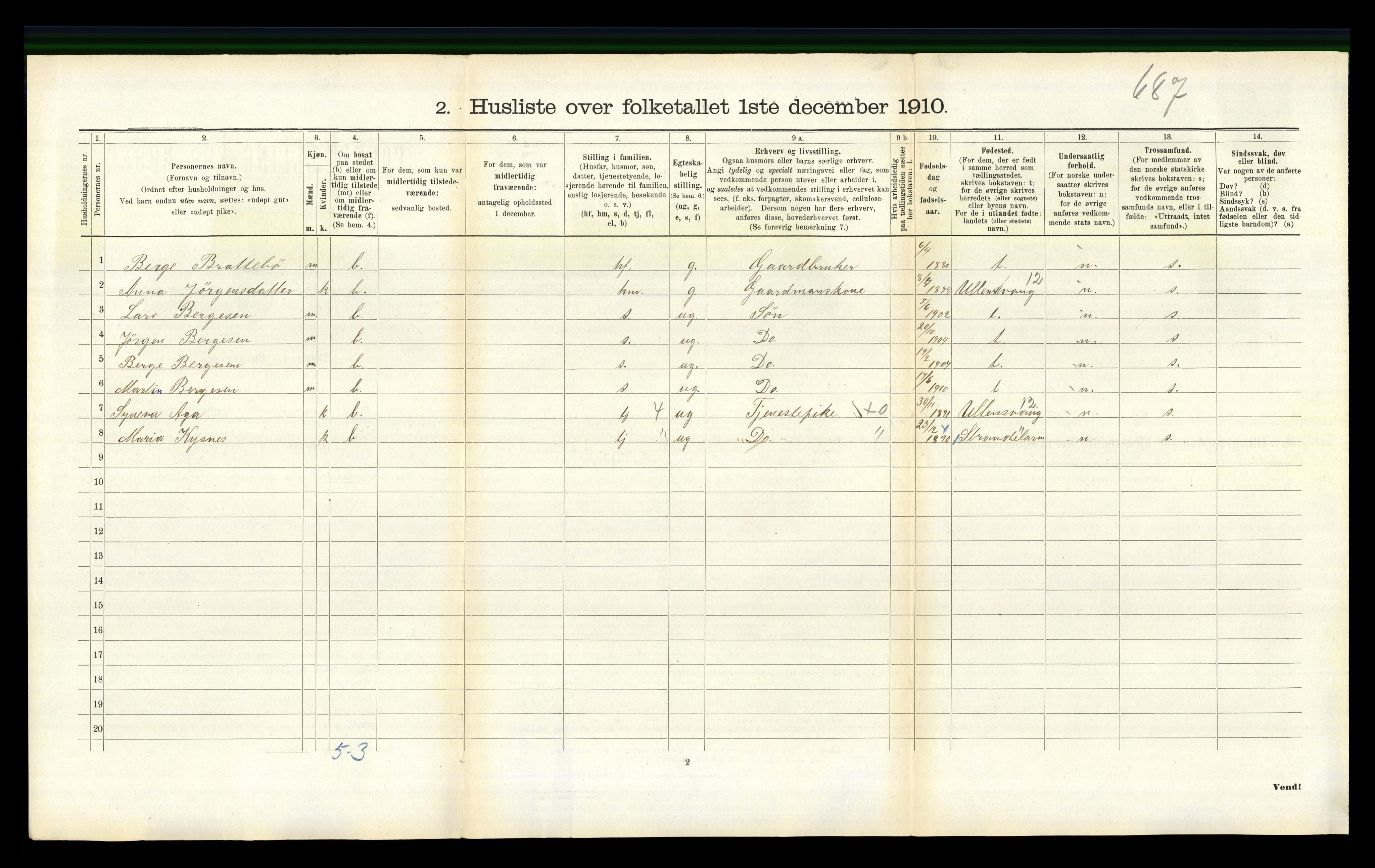 RA, 1910 census for Jondal, 1910, p. 293