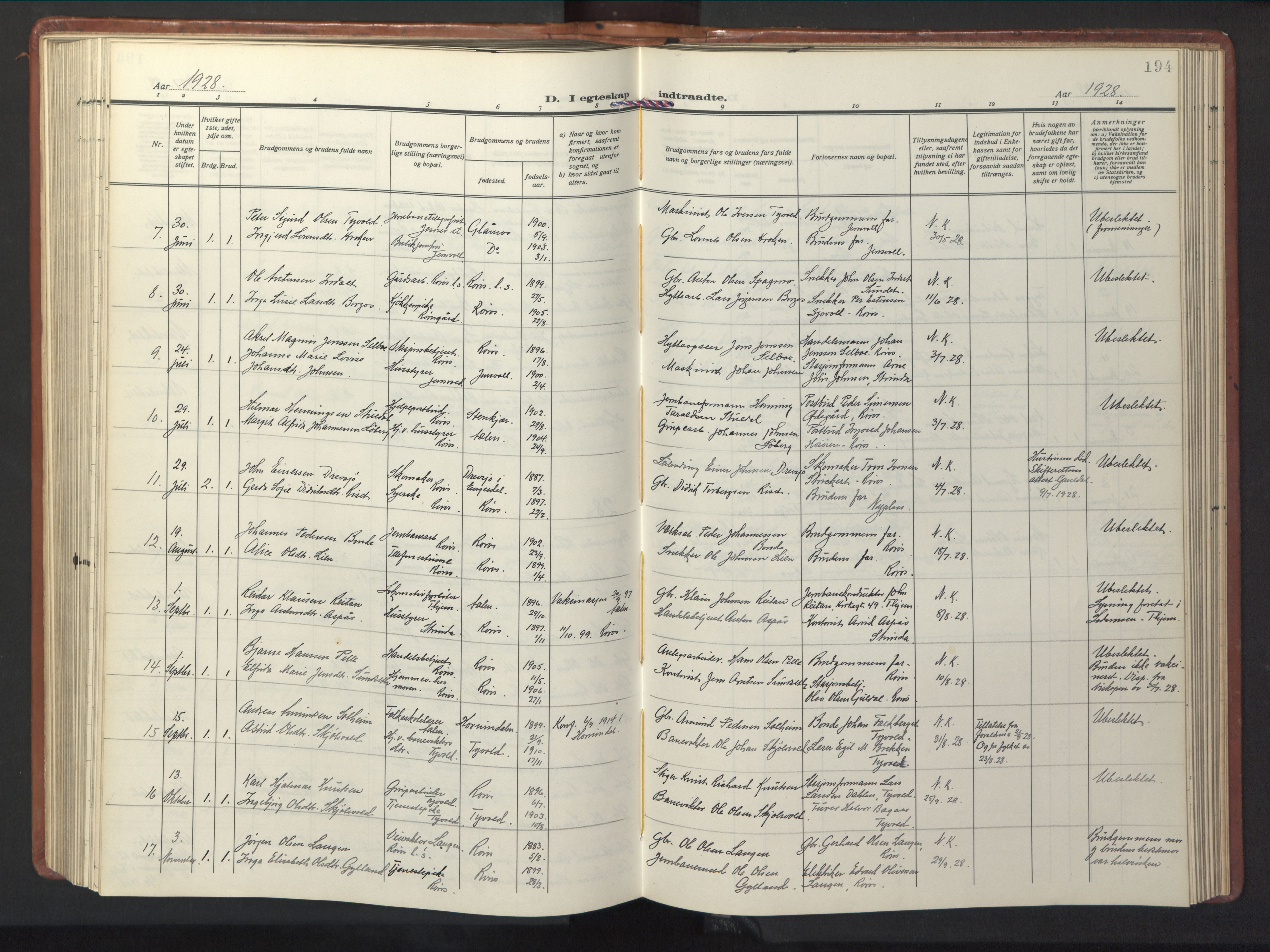 Ministerialprotokoller, klokkerbøker og fødselsregistre - Sør-Trøndelag, SAT/A-1456/681/L0943: Parish register (copy) no. 681C07, 1926-1954, p. 194