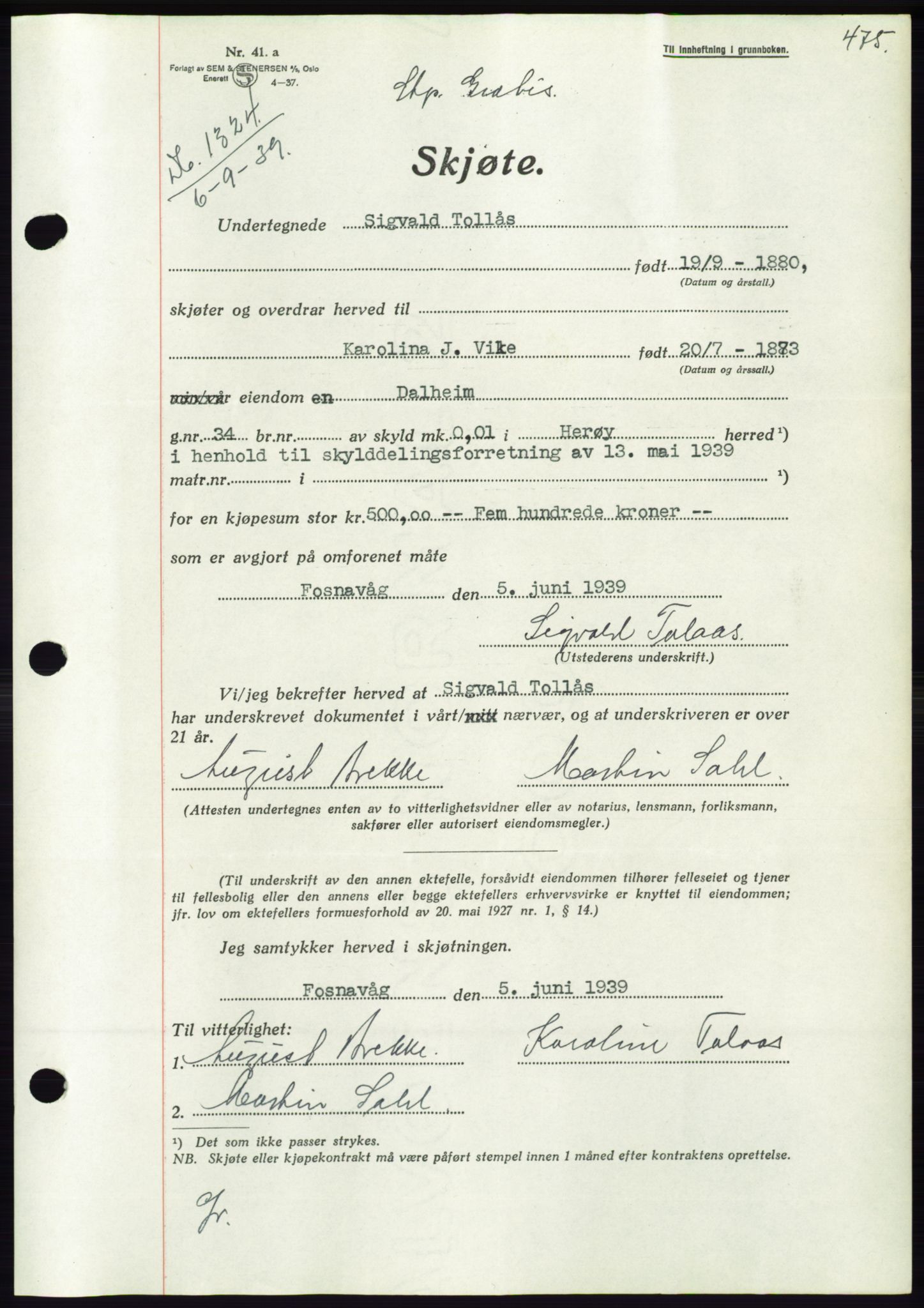 Søre Sunnmøre sorenskriveri, AV/SAT-A-4122/1/2/2C/L0068: Mortgage book no. 62, 1939-1939, Diary no: : 1324/1939