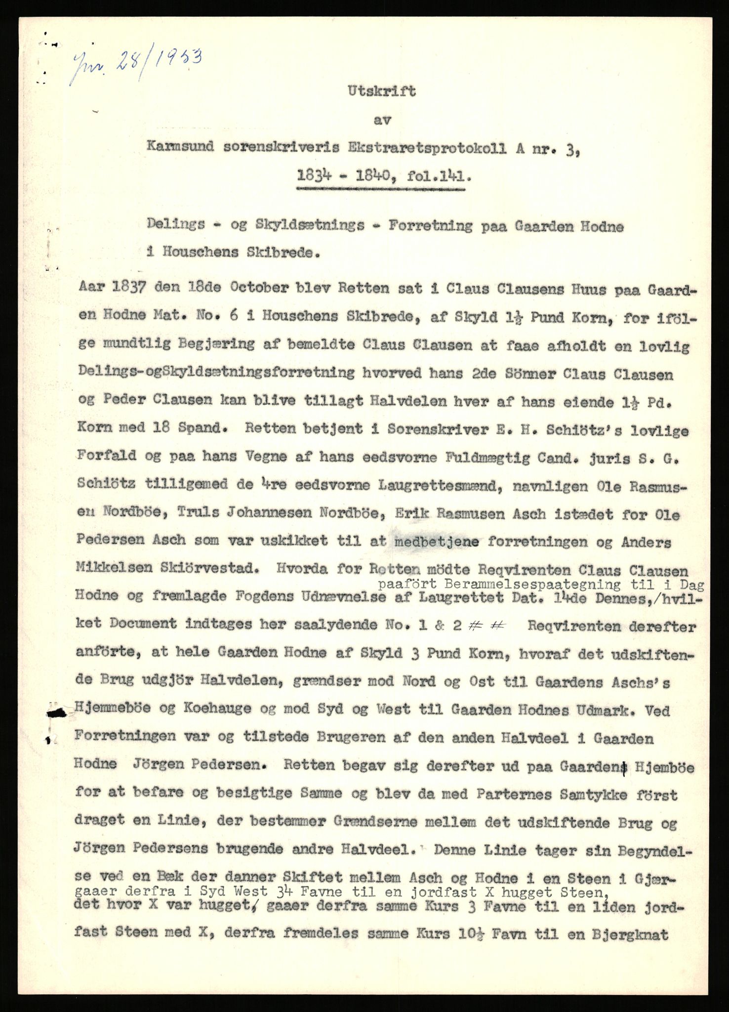 Statsarkivet i Stavanger, AV/SAST-A-101971/03/Y/Yj/L0038: Avskrifter sortert etter gårdsnavn: Hodne - Holte, 1750-1930, p. 13