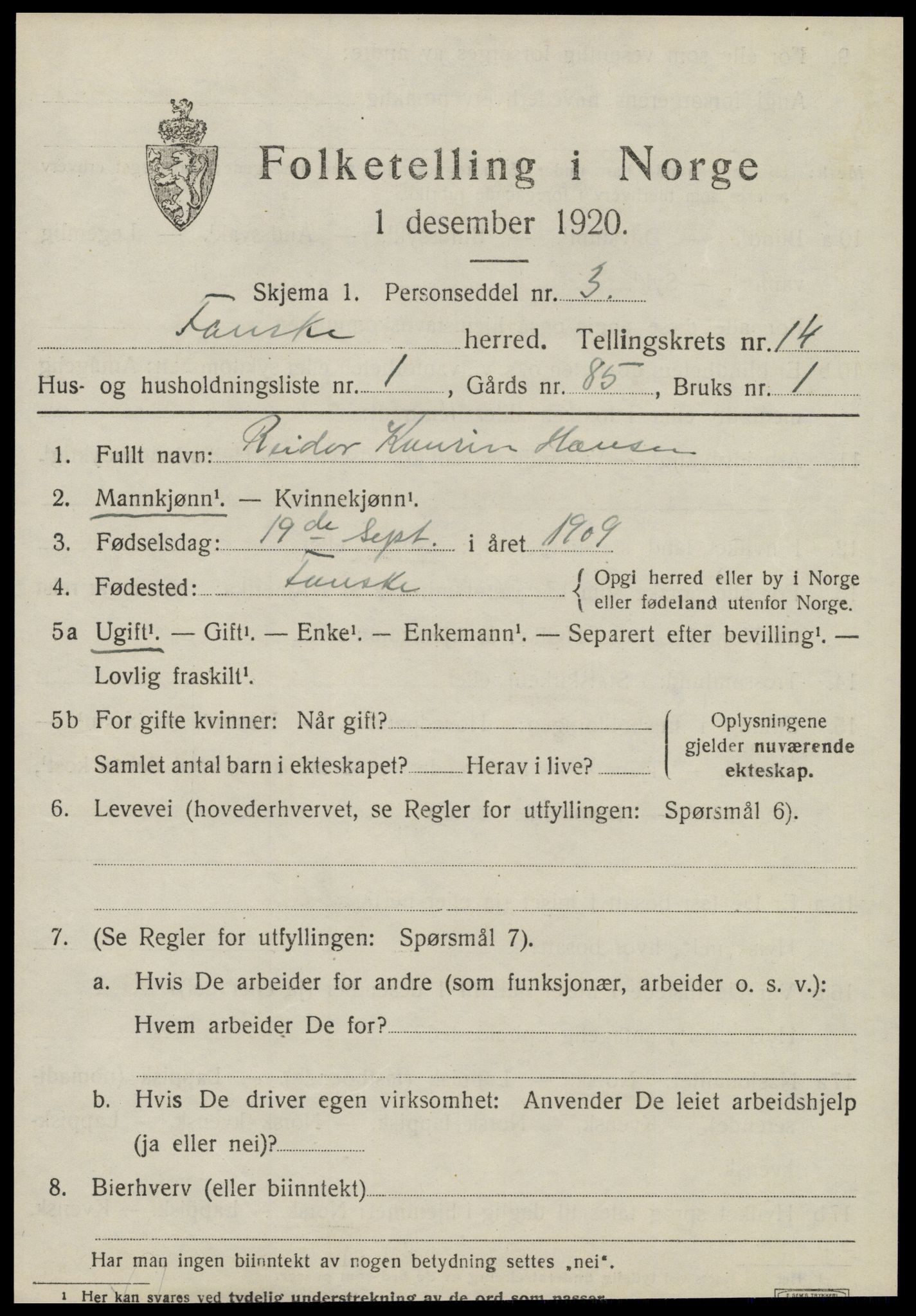 SAT, 1920 census for Fauske, 1920, p. 8678