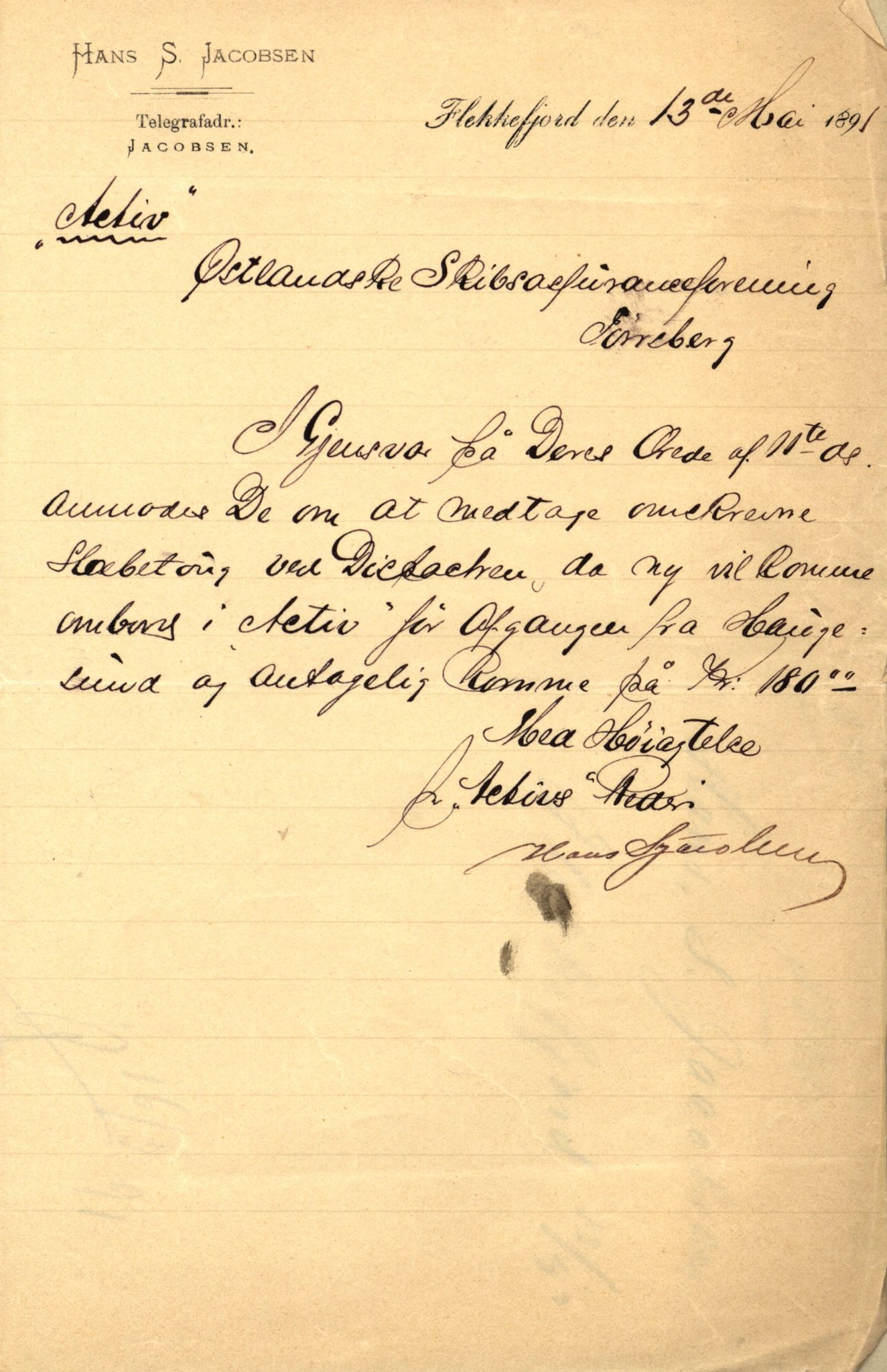 Pa 63 - Østlandske skibsassuranceforening, VEMU/A-1079/G/Ga/L0027/0001: Havaridokumenter / Magnolia, Kong Carl, Louise, Lindsay, Activ av Flekkefjord, 1891, p. 57