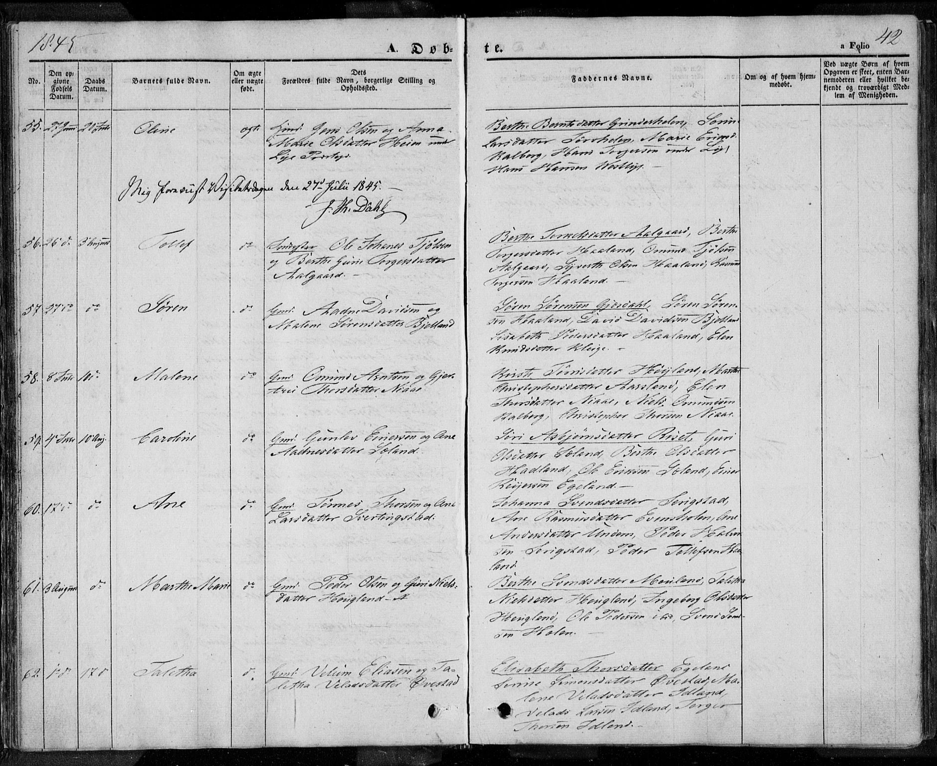 Lye sokneprestkontor, AV/SAST-A-101794/001/30BA/L0005: Parish register (official) no. A 5.1, 1842-1855, p. 42