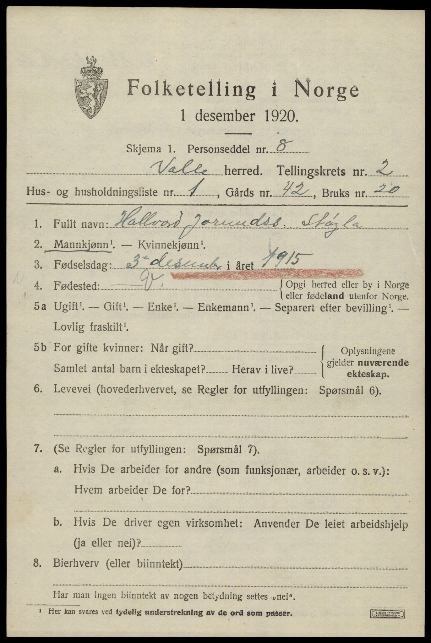 SAK, 1920 census for Valle, 1920, p. 967