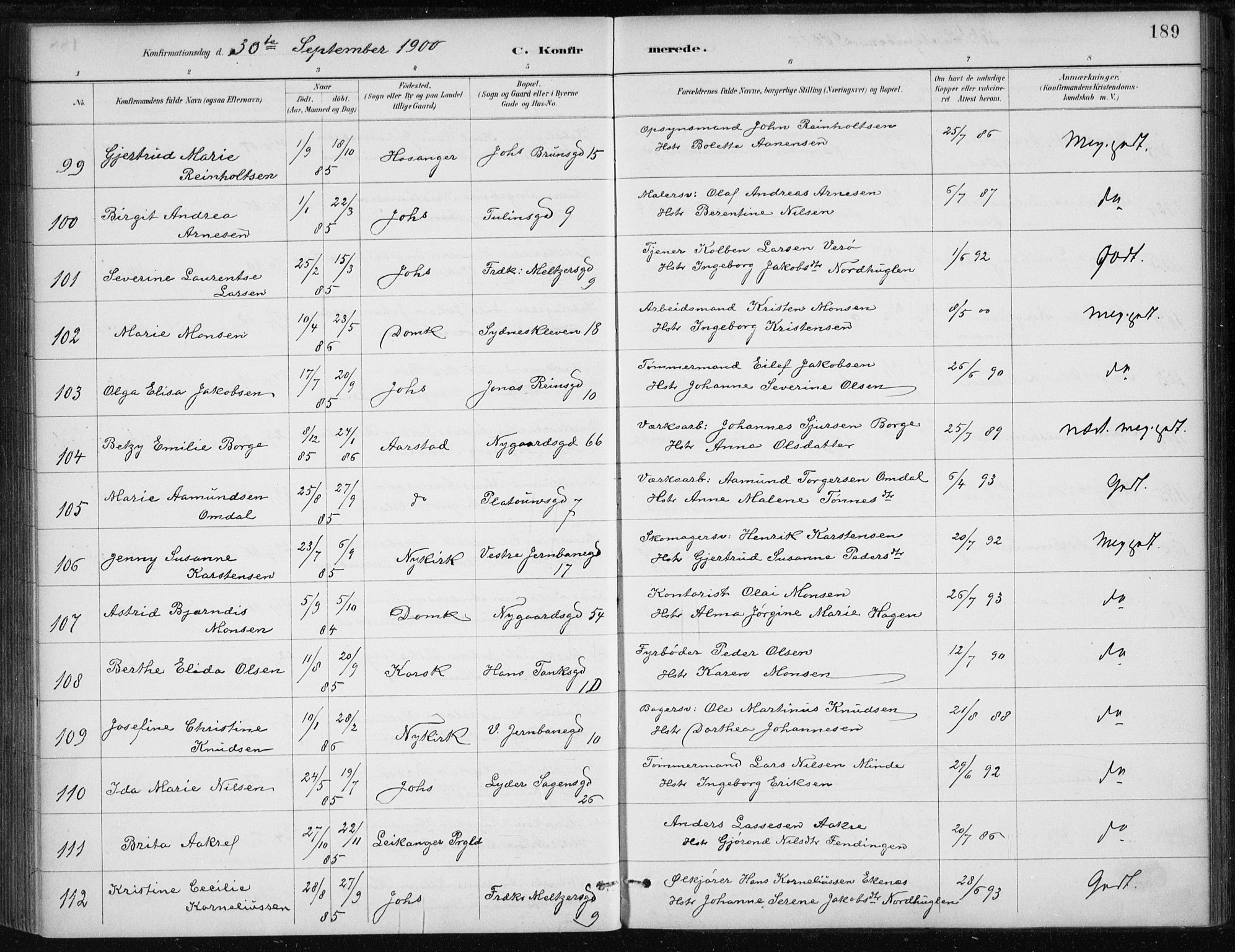 Johanneskirken sokneprestembete, AV/SAB-A-76001/H/Haa/L0008: Parish register (official) no. C 1, 1885-1907, p. 189