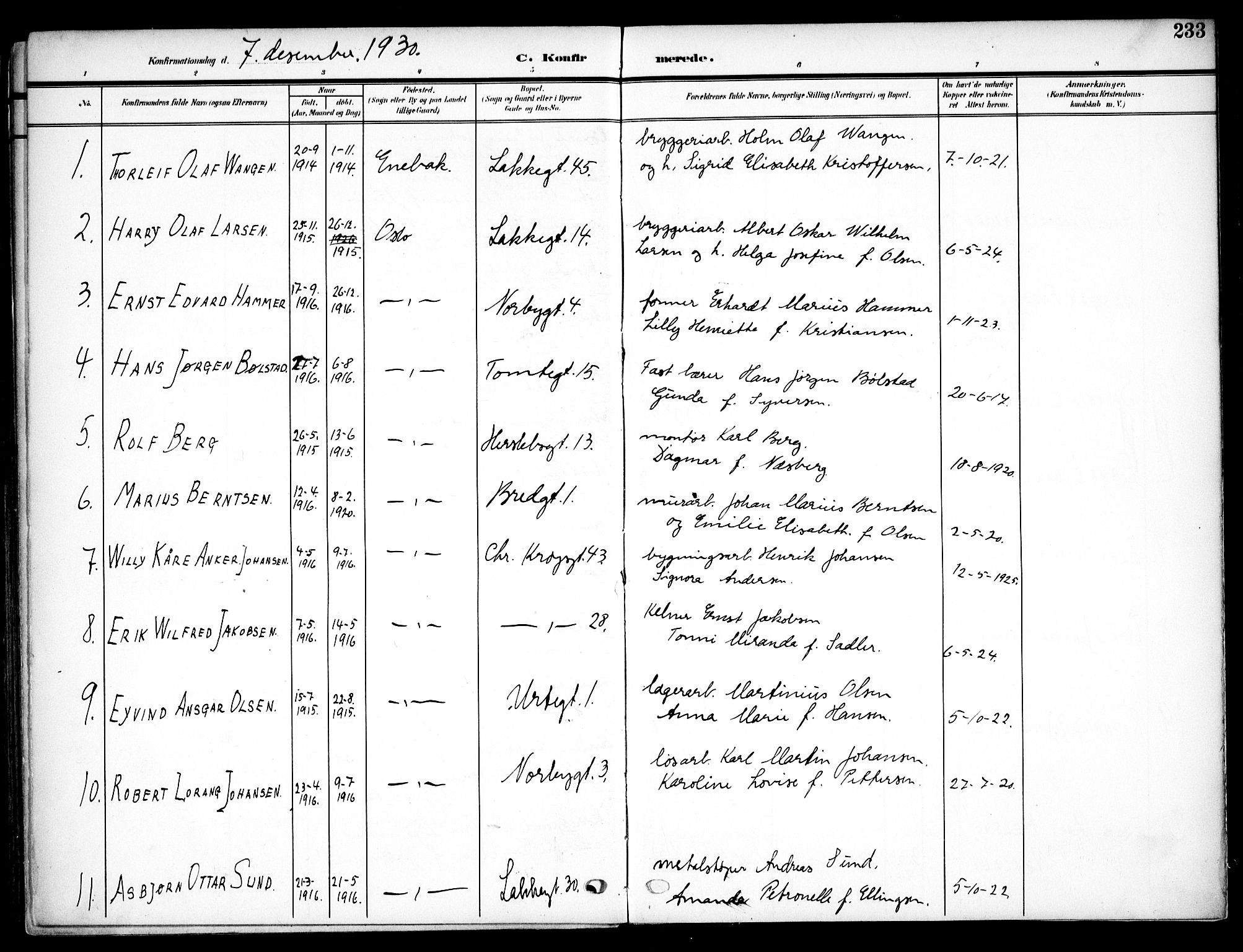 Vaterland prestekontor Kirkebøker, AV/SAO-A-10880/F/Fa/L0001: Parish register (official) no. 1, 1907-1930, p. 233